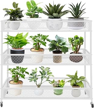 Metal Plant Stand Indoor Outdoor Plant Display Shelf Rack Holder Versatile Storage Shelf with Wheels for Flower Pots Books Kitchen Supplies Sundries White, 3 Tiers
