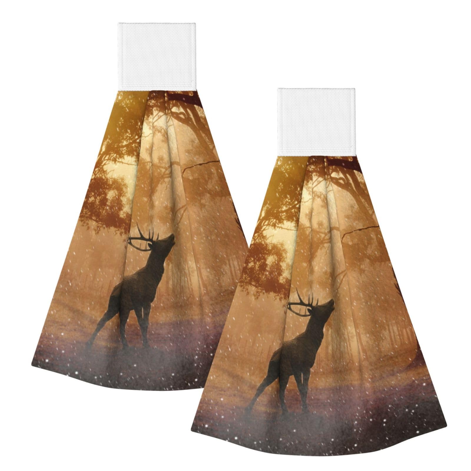 DOPKLNA Elk Artwork, 2 Pcs Hanging Coral Fiber Hand Towels for Bathroom, Absorbent Kitchen Towels