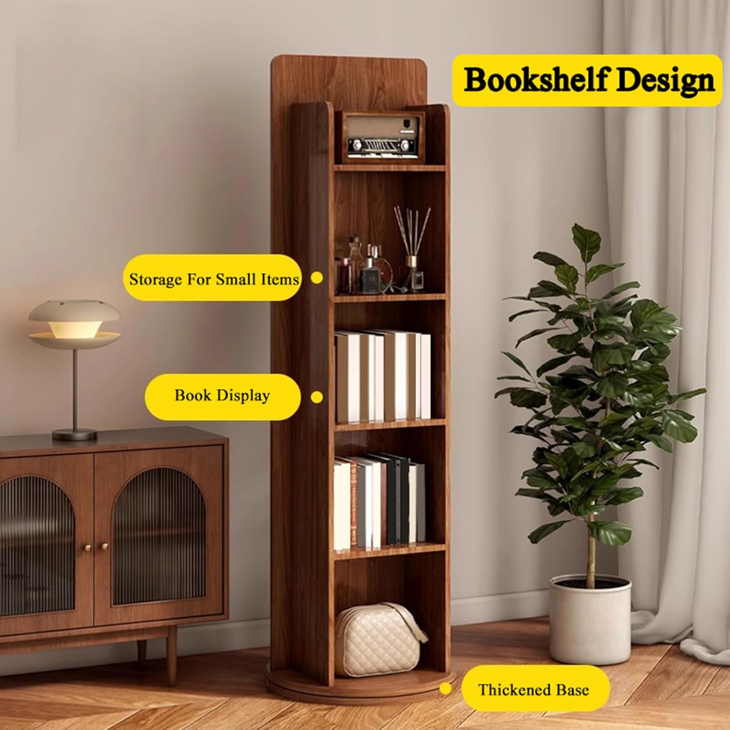 360º Swivel Full Length Mirror with 4-Tier Bookcase, Rotating Mirror with Shelves, 66.1×15.7in Full Body Standing Mirrors and Storage Rack for Bedroom, Living Room