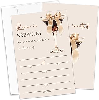 Love is Brewing Bridal Shower Invitations, Coffee Themed Wedding Shower Invitations, 25 Bow Bridal Shower Invites With Envelopes, Engagement Party Supplies/HL 007