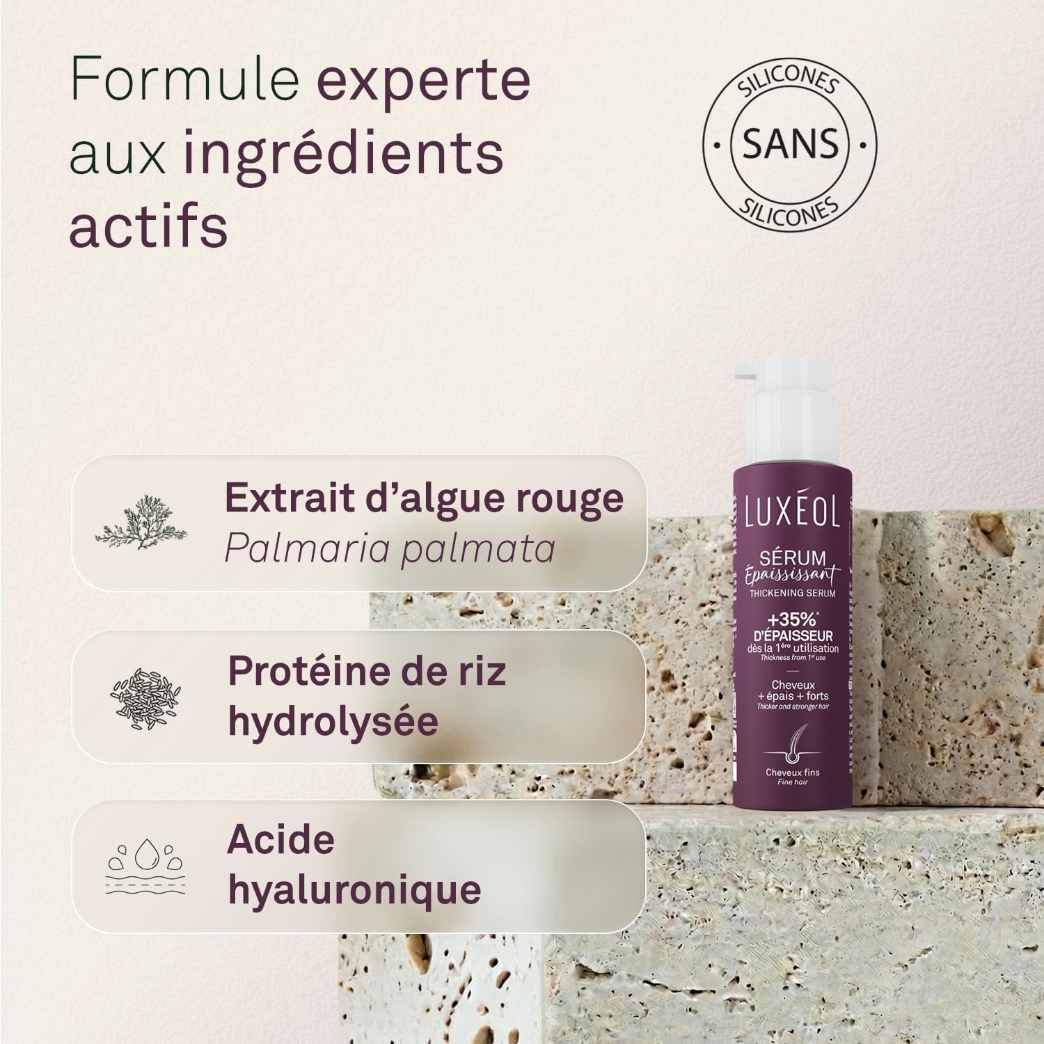 LUXEOL - Sérum Epaississant Sans Rinçage - +35% D'Epaisseur Dès la 1ère Utilisation* - Efficacité Prouvée - à l'Algue Rouge, Protéine de Riz & Acide Hyaluronique - Fabriqué en France - 100 ml