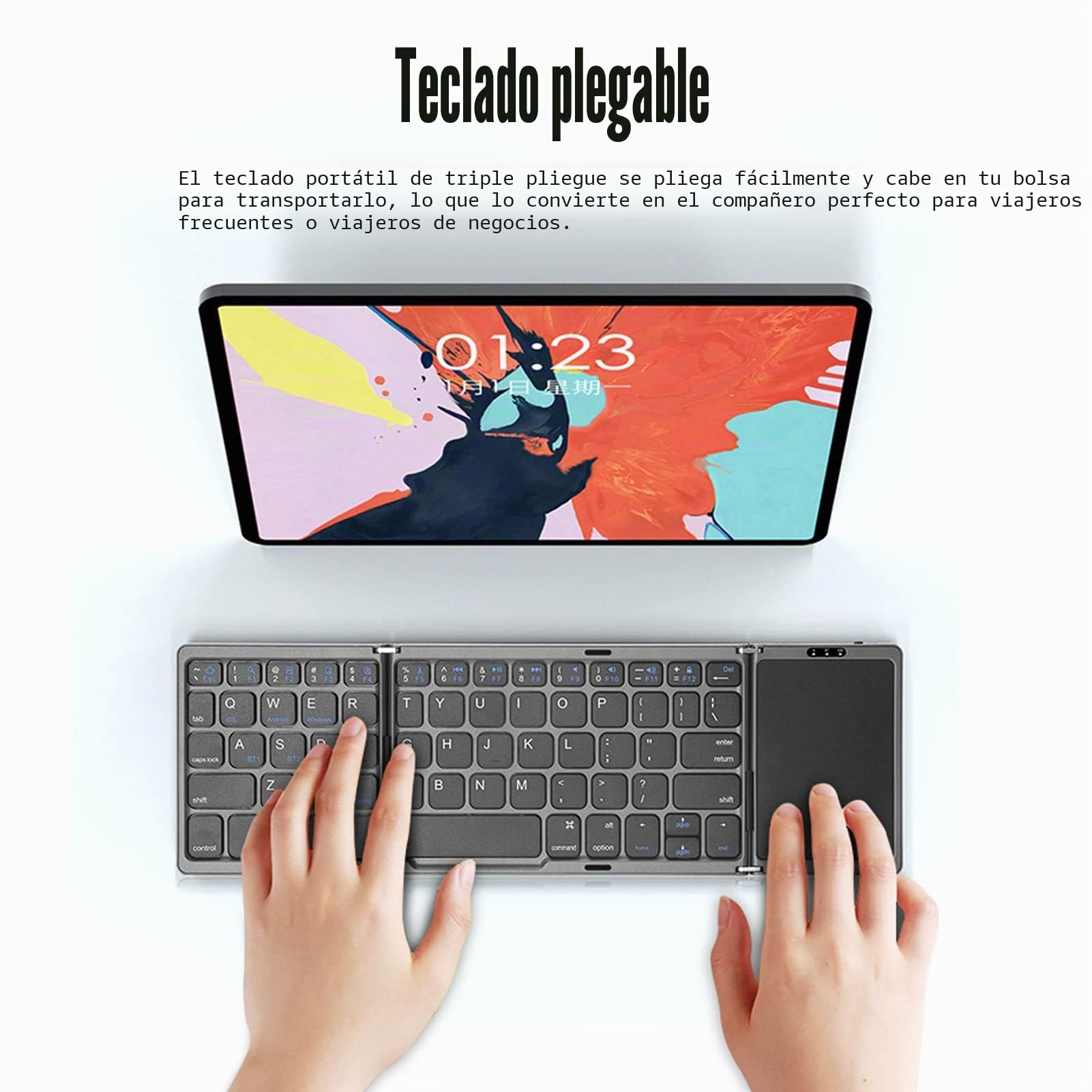 ASHATA Mini Teclado Inalámbrico Plegable, Teclado Bluetooth con Panel Táctil, Soporte de Tamaño Completo 3 Dispositivos Teclado Plegable Inalámbrico Portátil Recargable