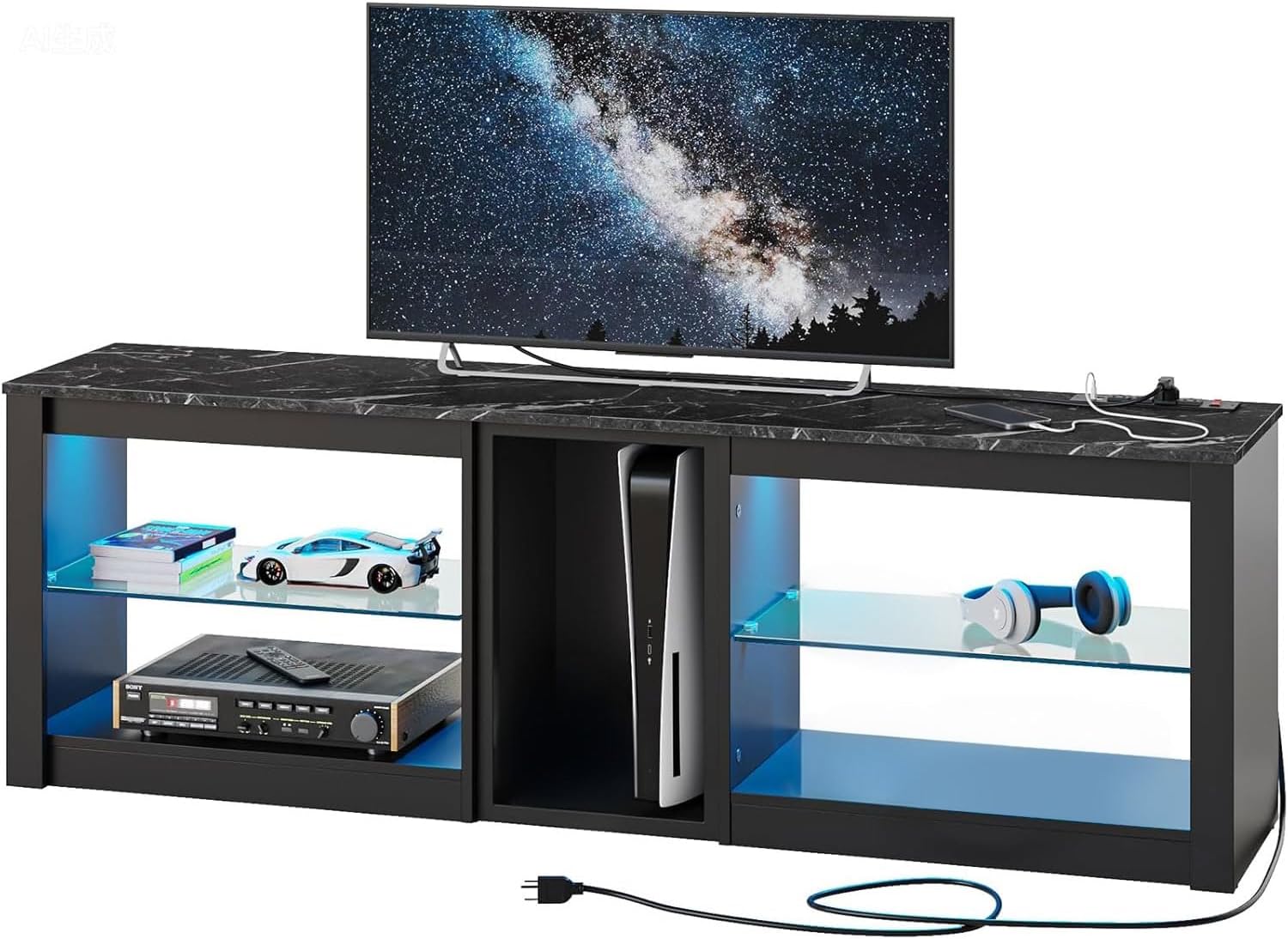 Bestier TV Stand for 70 inch TV with Power Outlets, LED Entertainment Center for PS5, Gaming TV Consoles with Glass Shelves for Living Room, 63'' Inch, Black Marble