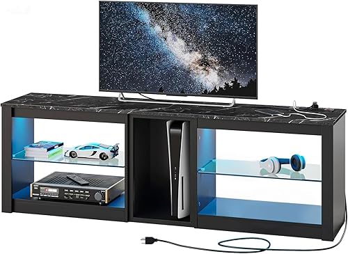 Miniatura 7 de Bestier Soporte de TV para TV de 70 pulgadas con tomas de corriente, centro de entretenimiento LED para PS5, consolas de TV para juegos con estantes