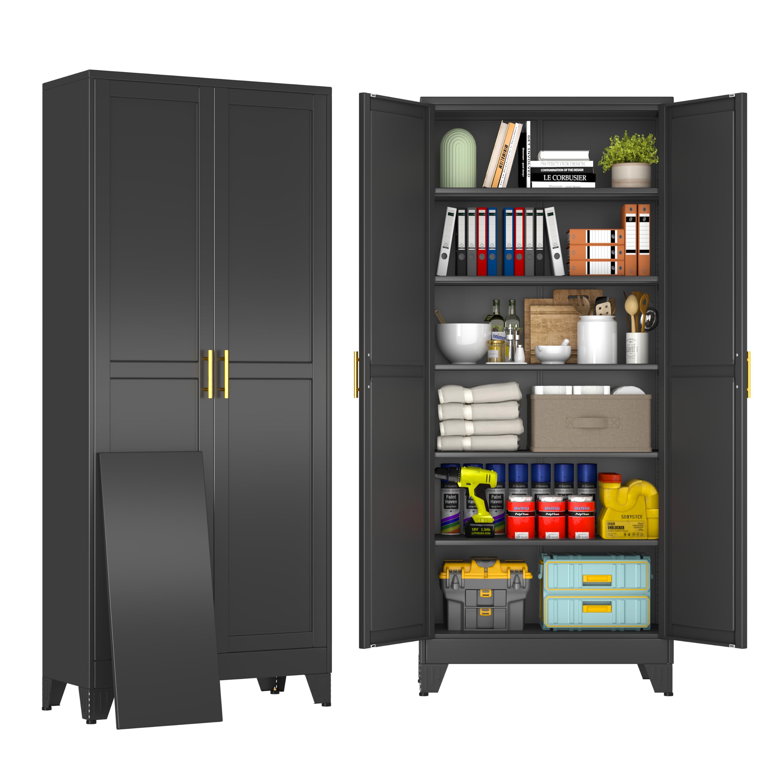 75" Black Metal Storage Cabinet with 2 Doors and 5 Adjustable Shelves,Steel Garage Tool Cabinet, File Cabinet,Kitchen Pantry Cabinet for Home,Office,Garage,School,Warehouse