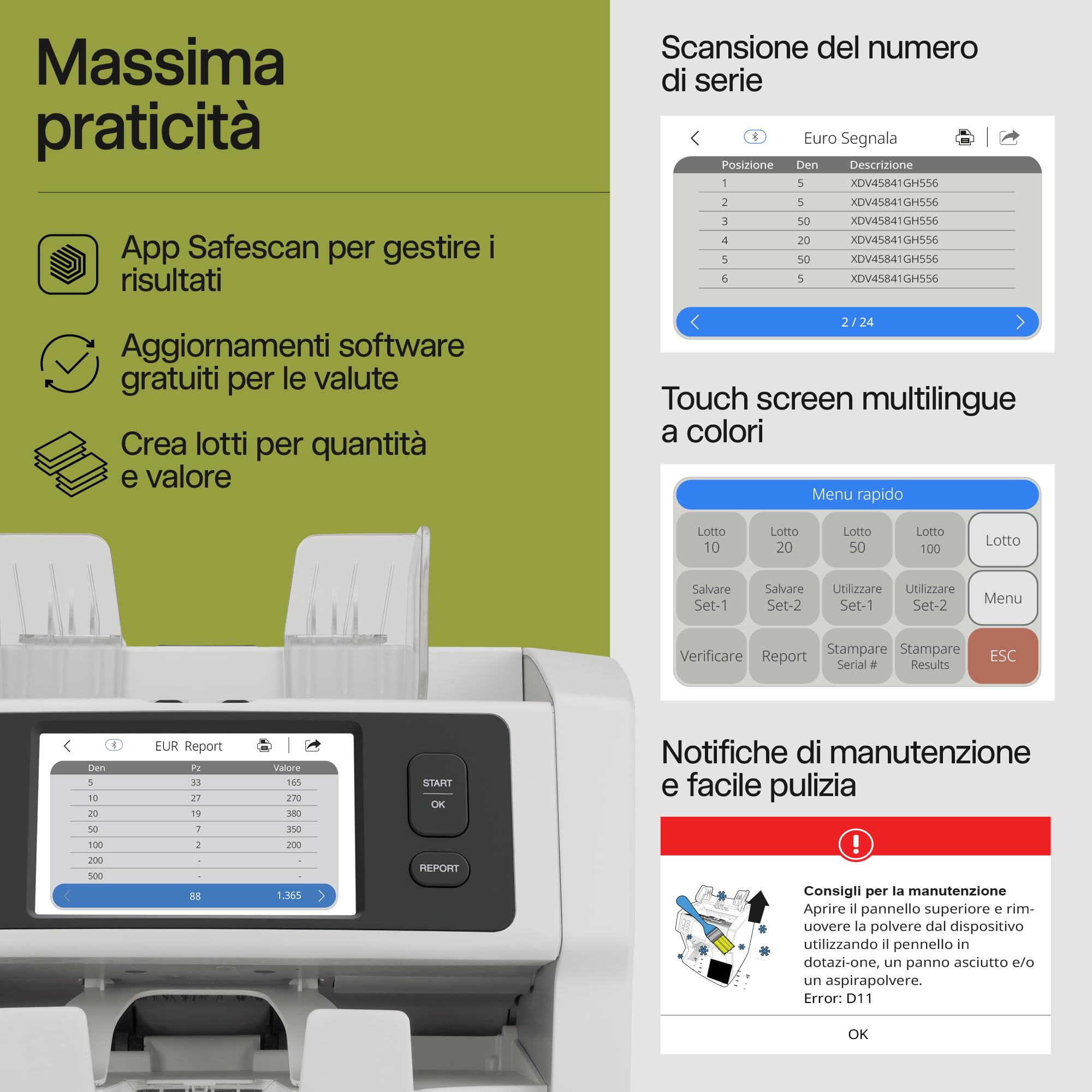 Safescan 2985-SC Contabanconote che conta il valore e ordina le banconote miste - Contabanconote con rilevatore di denaro falso a 10 punti - Contasoldi con l'app gratuita Safescan