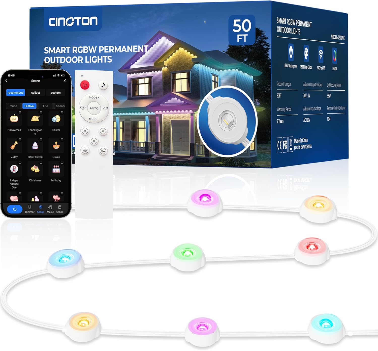 CINOTON Permanent Outdoor Lights 50ft, Smart RGBW Eaves Lights with 36 LEDs, IP67 Waterproof, 111 Scene Modes for Daily and Festival, Halloween Christmas Party Holiday Decor, APP/Voice/Remote Control
