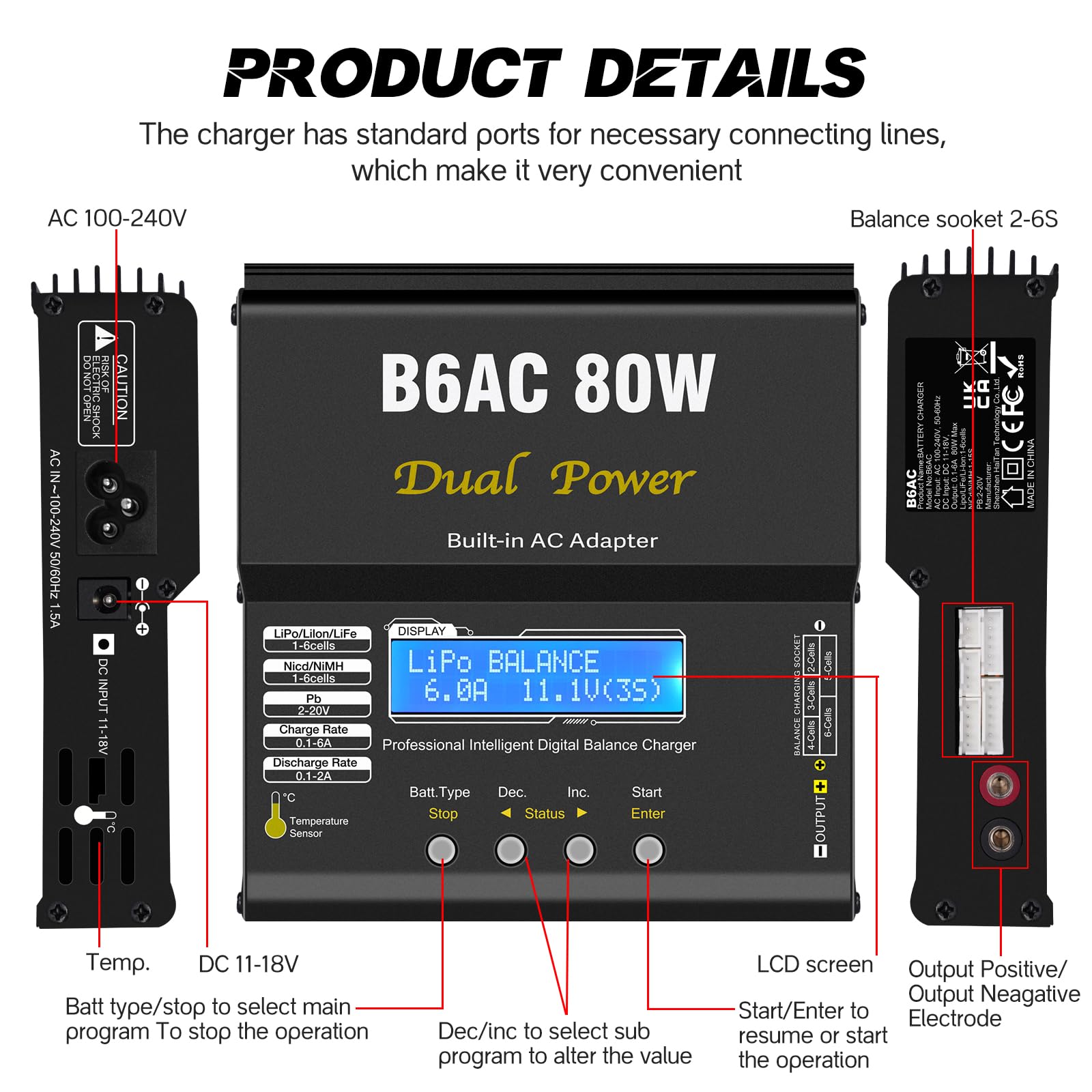 HTRC B6AC LiPo Charger Balancer 80 W 6 A RC, ładowarka LiPo do LiPo/Li-Ion/Life (1-6S), NiMH/NiCd (1-15S) i PB Smart, ładowarka RC z wyświetlaczem LED i XT60/Deans/JST