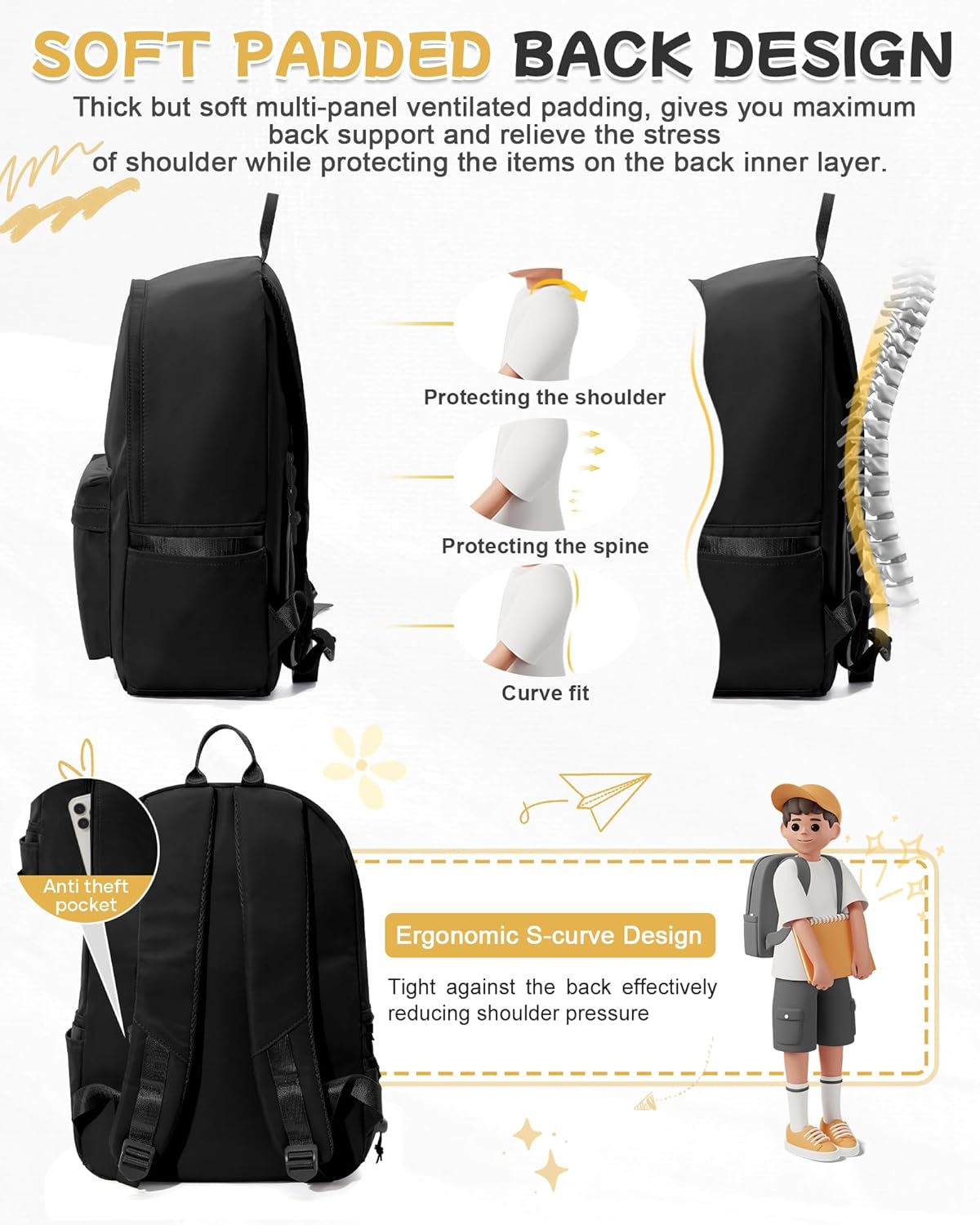 BJLFS Small Black School Backpack for Girls Women Waterproof High School Book Bag Cute Backpack for Men Teens Boys, Lightweight Simple Middle School Back Pack Daypack Gift - Image 6