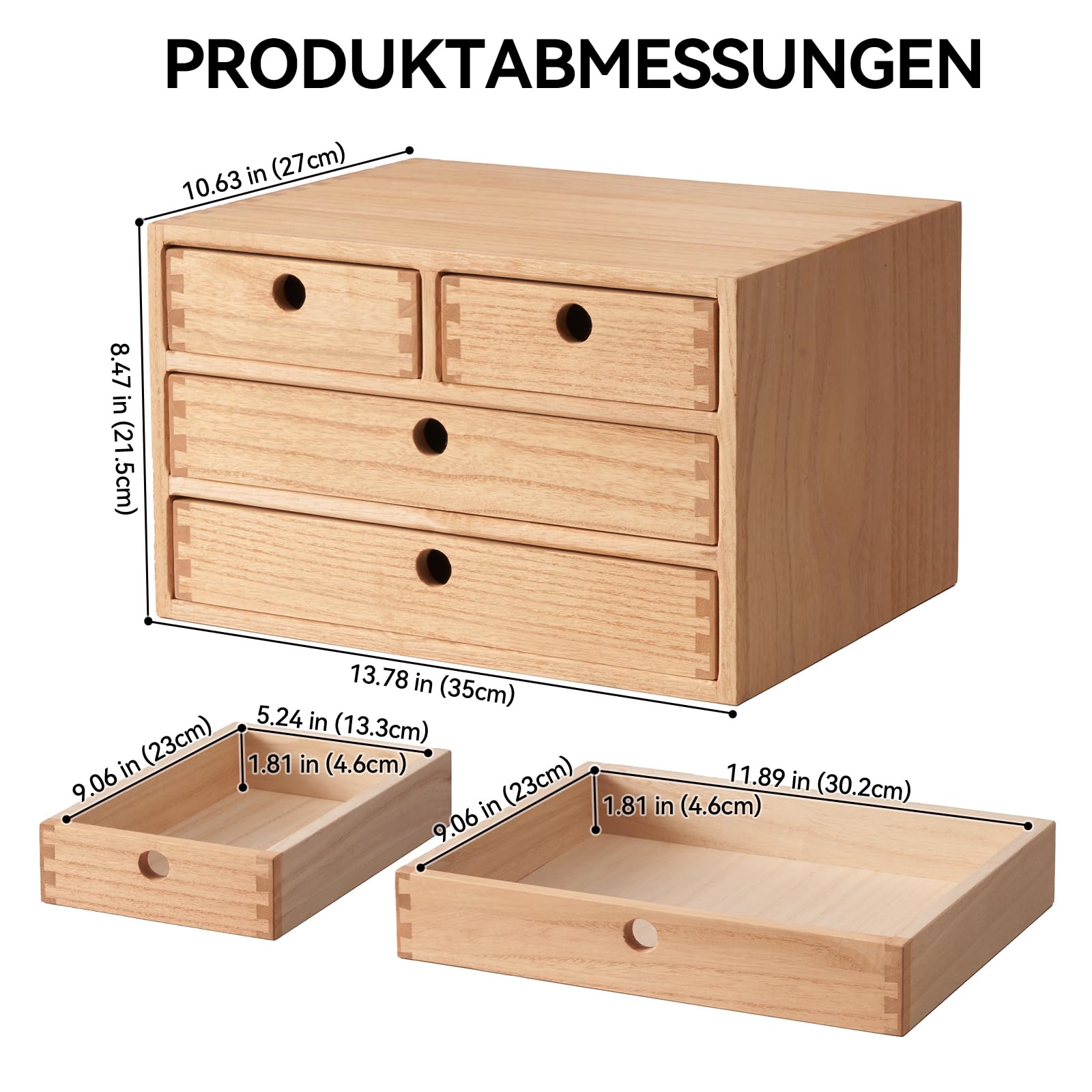 KIRIGEN Schreibtisch-Organizer aus Paulownia-Holz, 35 x 27 x 21,5 cm, Schubladenbox mit 4 Schubladen, stapelbare Dokumentenablage für A4-Papier, Büro und Homeoffice Natur