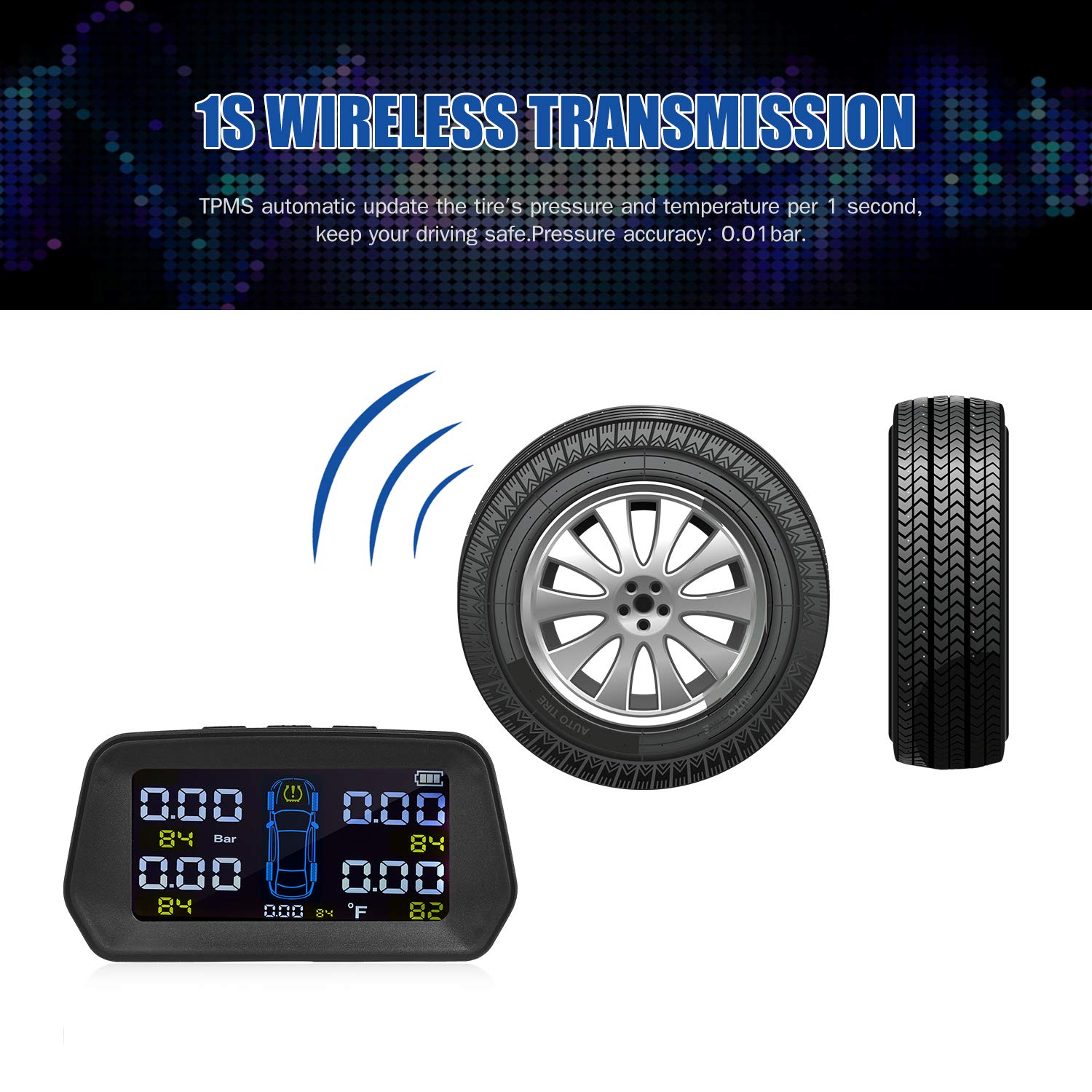 TPMS Reifendruck kontrollsystem, Reifendrucküberwachungssystem, Solar Charge 5 externen Sensoren, 6 Alarmfunktion Echtzeit-Anzeigedruck und Temperatur von 4 Reifen