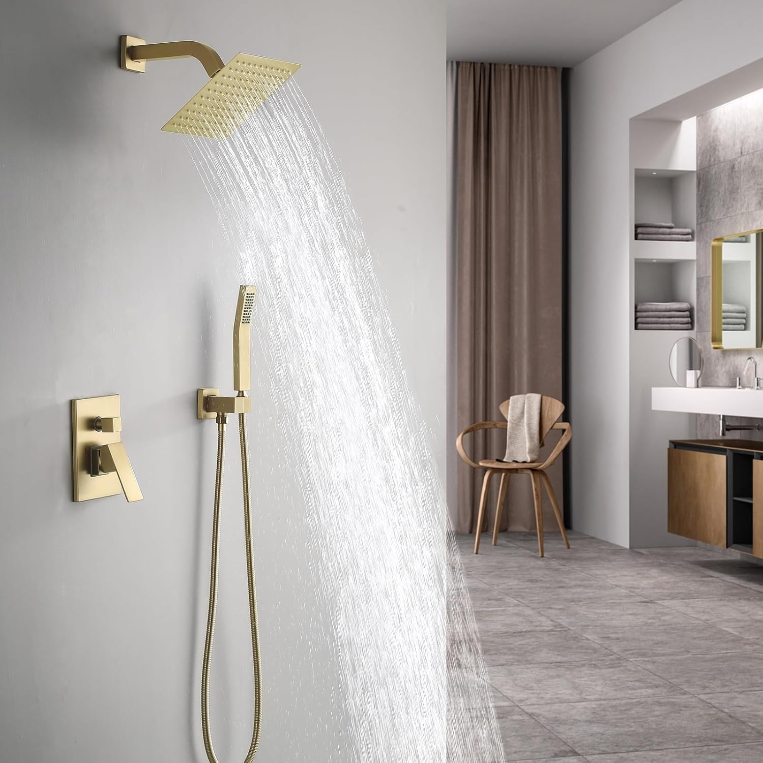 JOYWELL Shower Faucet Brushed Gold Shower System 8 Inches Rain Shower and Handheld Shower Combo,2-Function Pressure Balance Shower Fixtures,Included Shower Trim Kit - Image 2