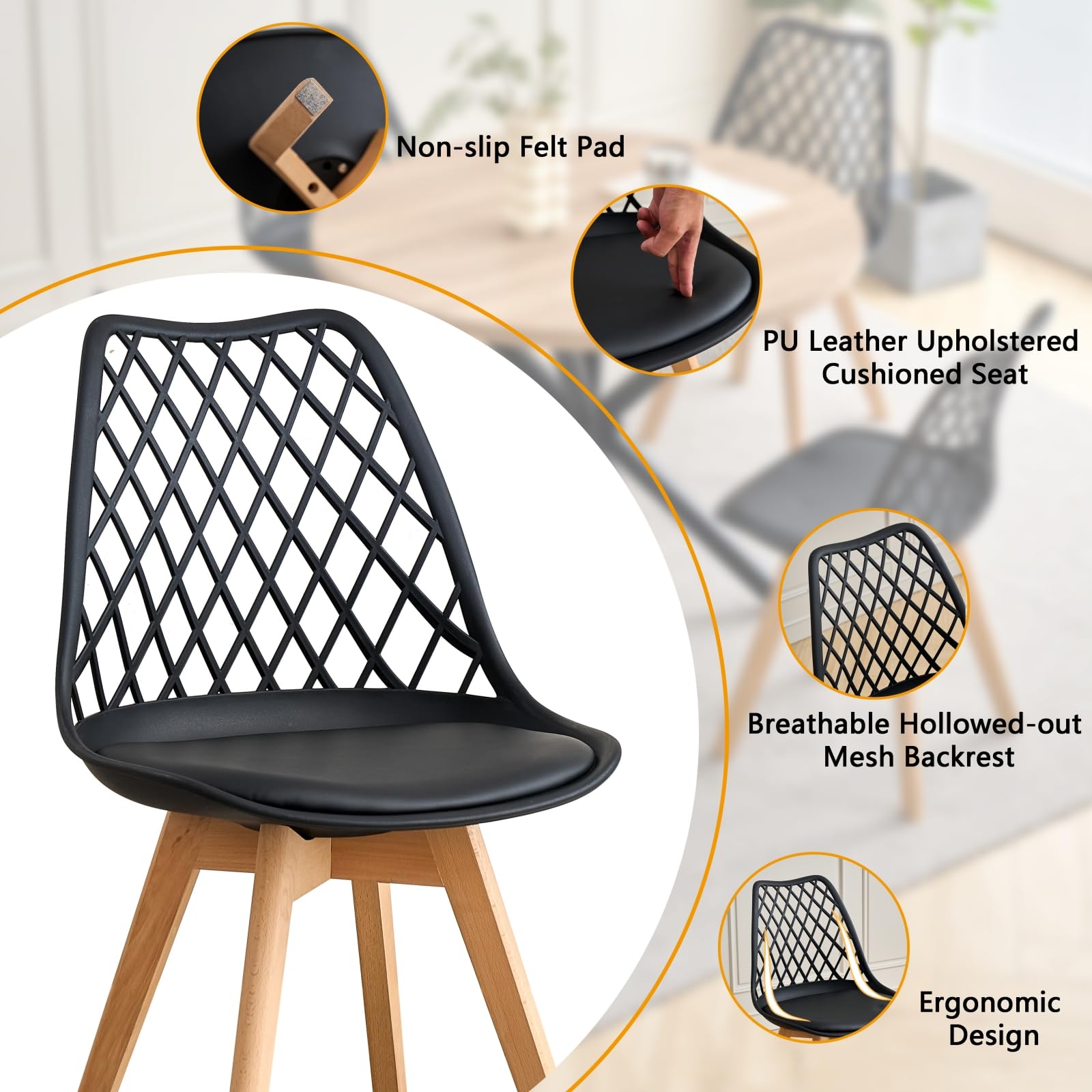 GrandCA HOME Set Tavolo e Sedie da Pranzo, Tavolo da Pranzo Rettangolare da 140 cm, 4 Sedie in Polipropilene a Rete, Adatto per Cucina, Sala da Pranzo e Soggiorno - Legno Scuro + Nero
