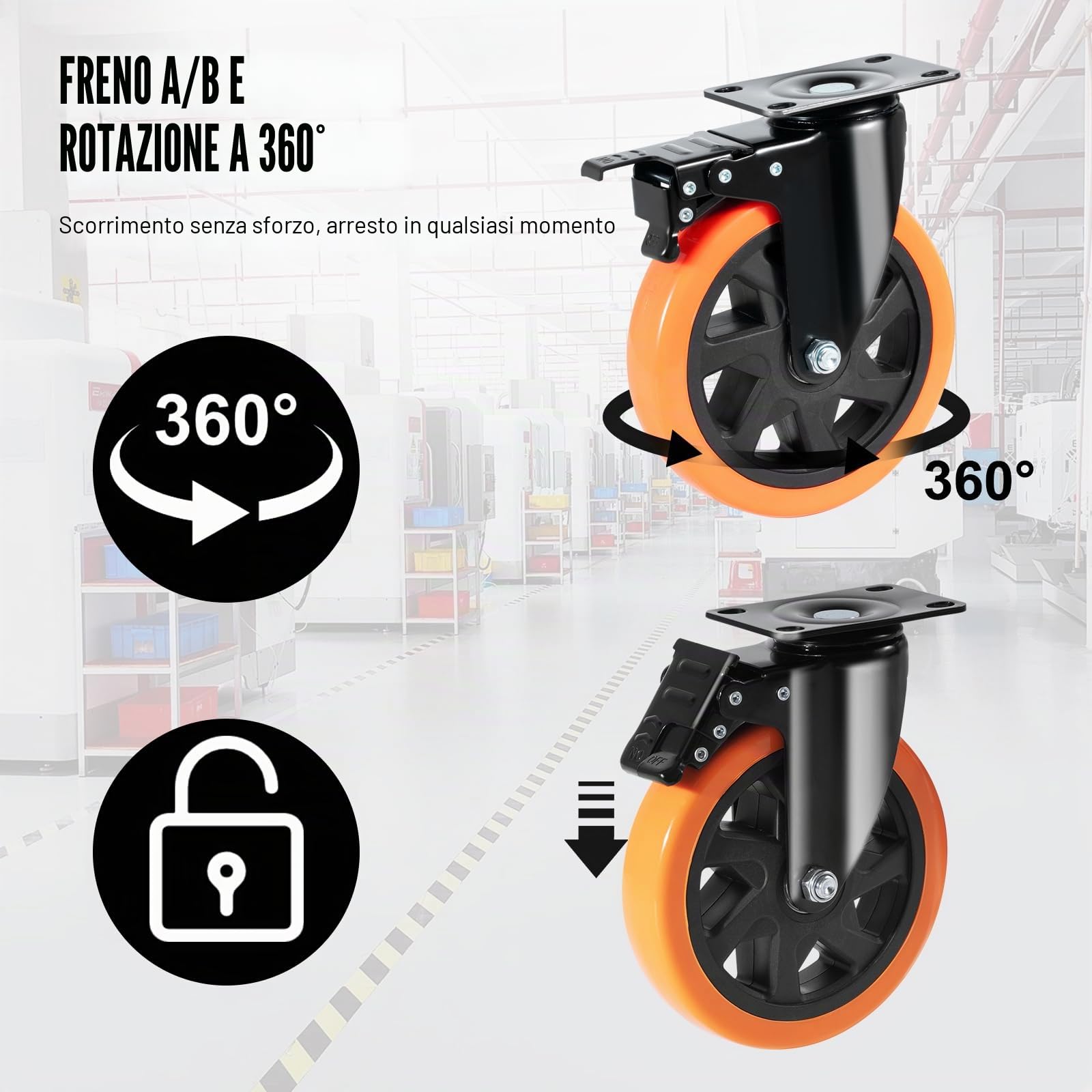 VEVOR Ruote Girevoli Set di 4 Rotelle per Mobili Industriali Ruote Silenziose in PVC Diametro da 152,4mm con Freno di Bloccaggio A/B Capacità Carico 318kg per Rotella per Carrelli da Banco da Lavoro