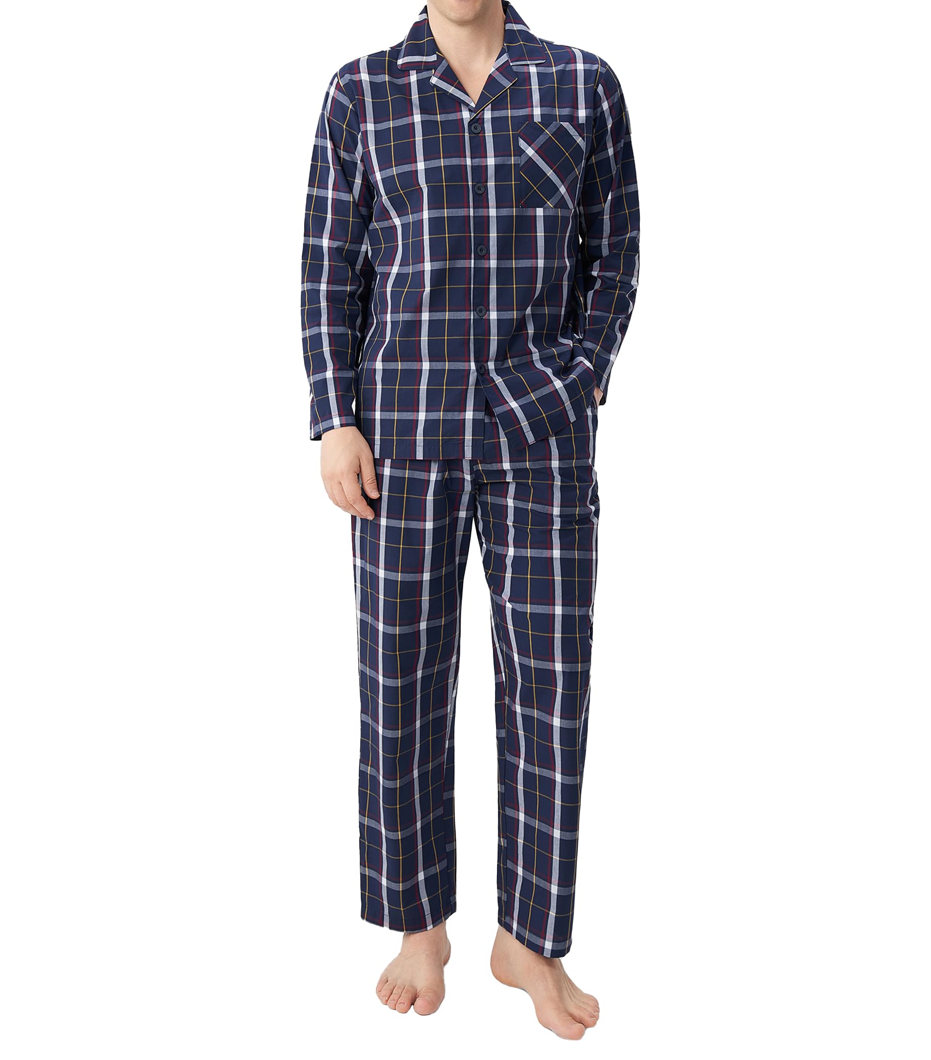 DAVID ARCHY Conjunto de Pijama de algodón para Hombre, Camiseta de algodón de Manga Larga con Pantalones Largos, Ropa de Dormir de Dos Piezas, Ropa de Dormir Suave y Transpirable, Pack de 1