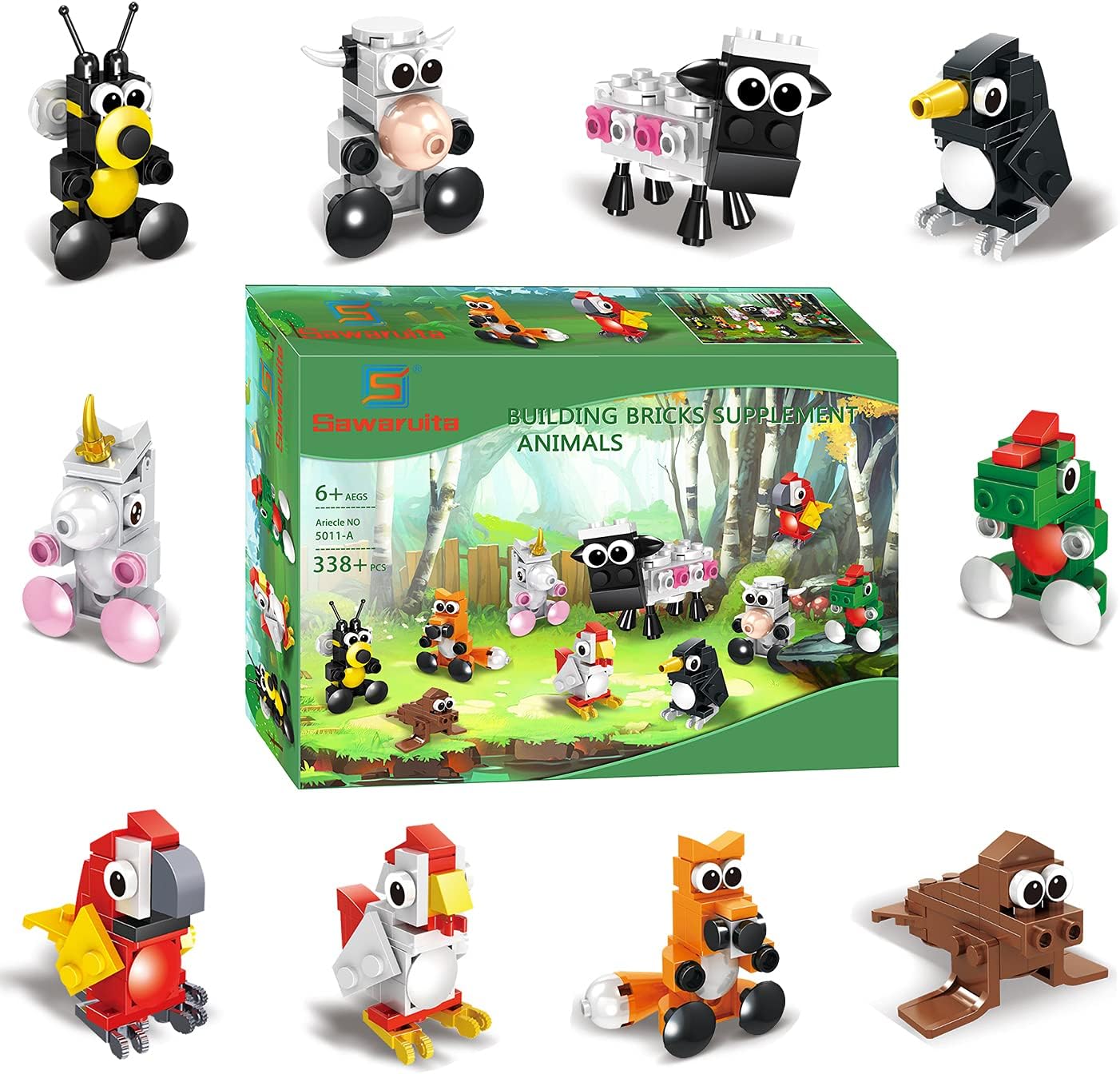 Building Blocks Animals,10 in 1 Stem Building Toys Sets, Assorted Toy Animal, Party Favor for Kids, Goodie Bags, Birthday, Carnival Prizes，Cake Topper (10 PCS Animal)