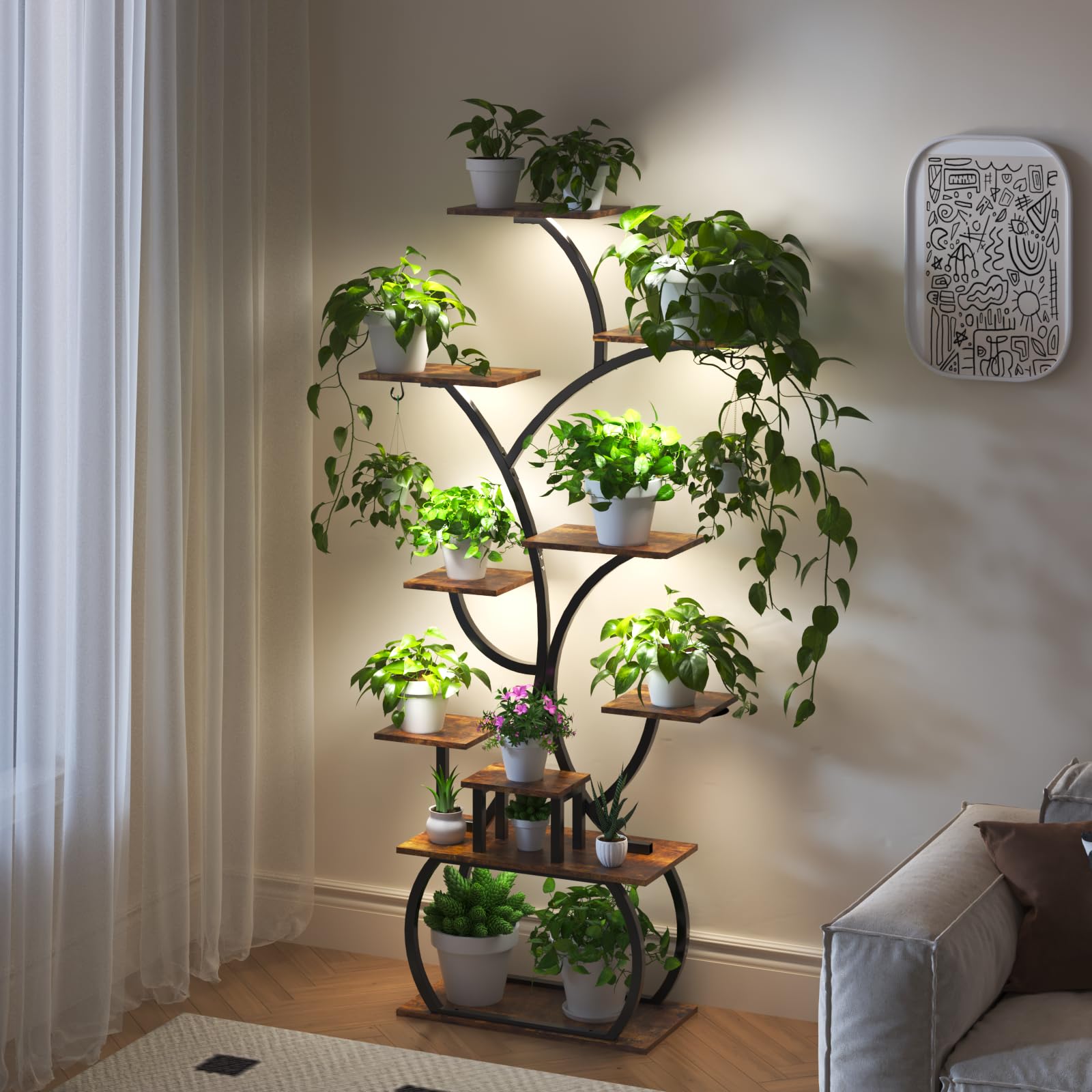 Bonnlo 10-Tiered Indoor Plant Stand with Grow Lights, 155CM Tall Rolling Plant Shelves with Hooks, Metal Flower Stand with Wheels for Indoor, Living room, Corner, Patio (Rust)