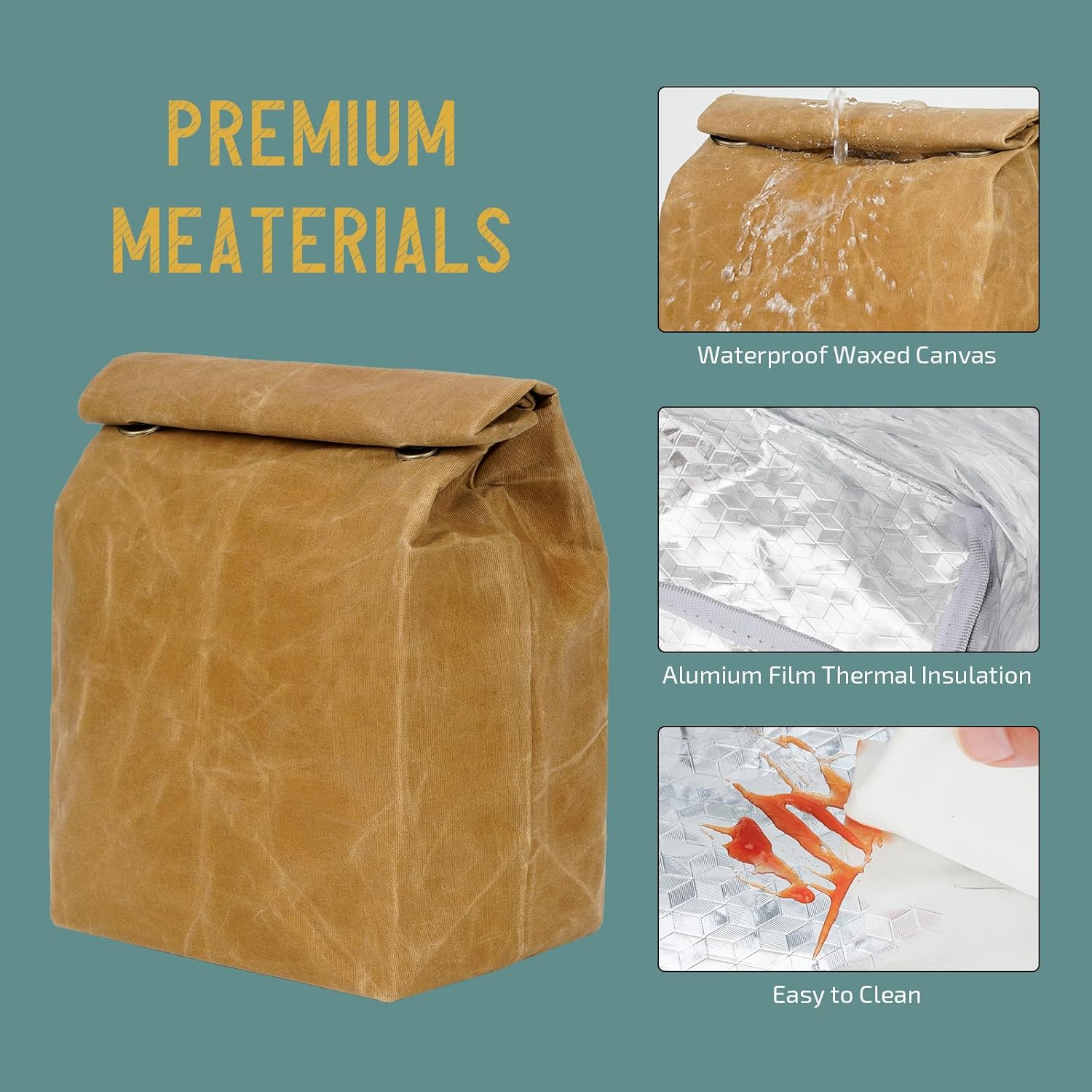 ECHSRT Waxed Canvas Lunch Bag for Men Insulated - Vintage Tan-Brown Reusable Paper-Stlye LunchBox, Waterproof Leakproof for Work, Office, Travel, Picnic - Image 2