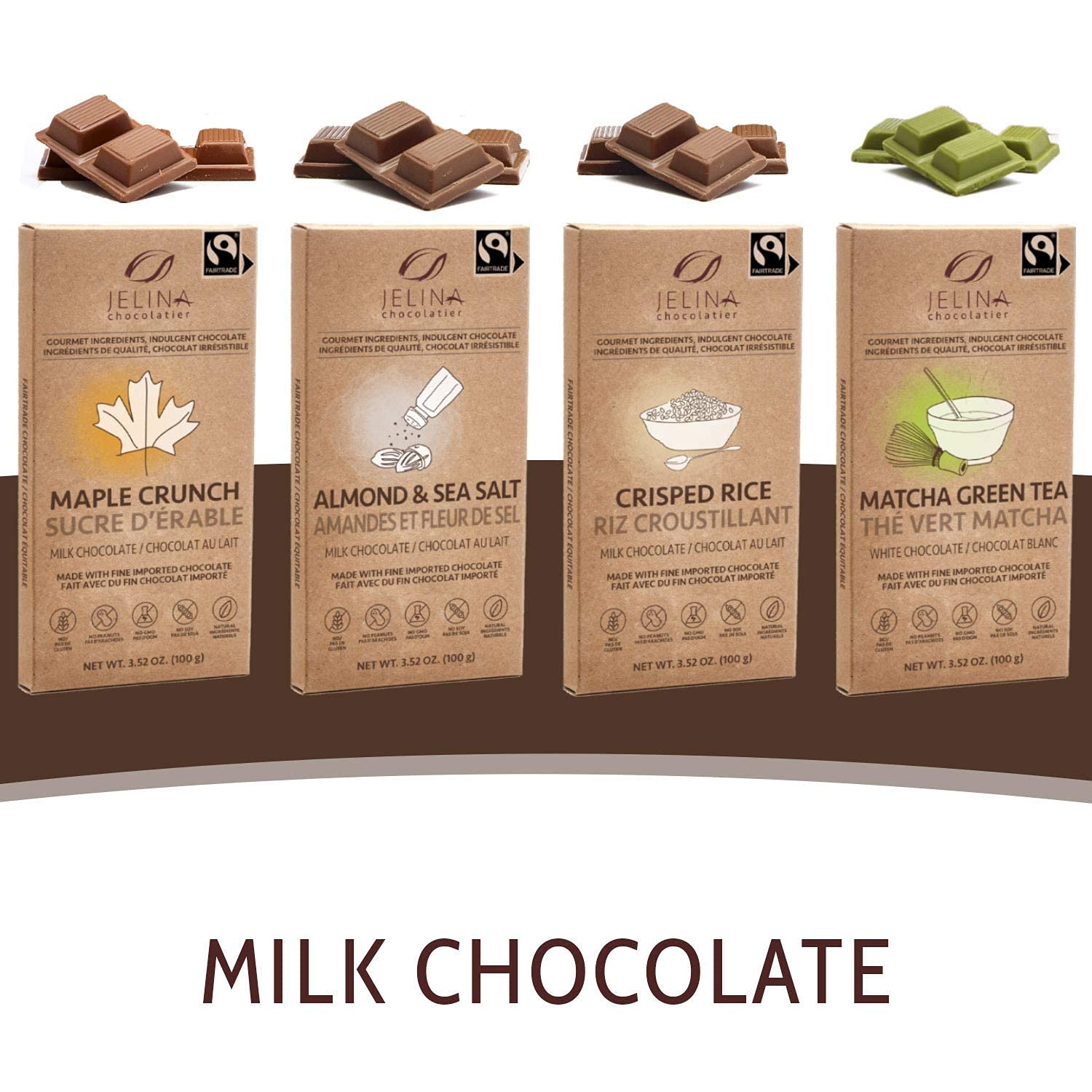 Jelina Chocolatier | 8 Pack Milk Chocolate Bar with Crisped Rice | Fair Trade Chocolate | Imported, Non-GMO, Natural Chocolates - 3.52oz Each