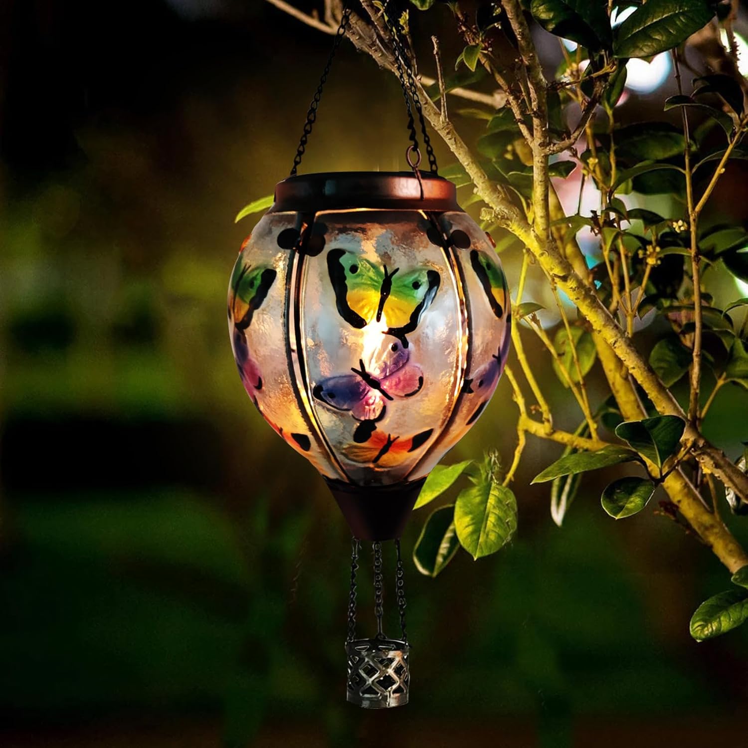 2PCS Glass Solar Hot Air Balloon Lanterns with Flame Hanging Garden Flickering Light Outdoor Waterproof for Yard Patio Tree Mother's Day Gift, Wavy-Colorful+Butterfly