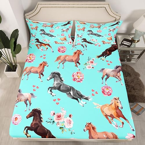 Miniatura 4 de Erosebridal Juego de sábanas de caballo al galope, tamaño matrimonial, juego de sábanas románticas de rosa azul femenino para niñas y mujeres,