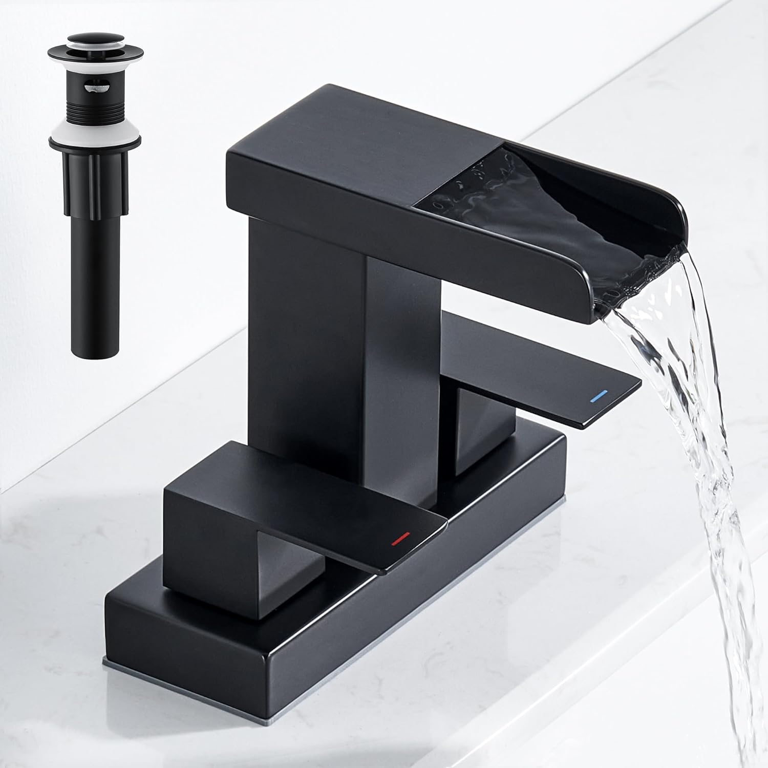 Waterfall Bathroom Faucet 2 or 3 Holes, Matte Black Bathroom Sink Faucet, 4 Inch Centerset Faucets, 2 Handles Waterfall Vanity Faucets, Pop Up Drain Assembly Included