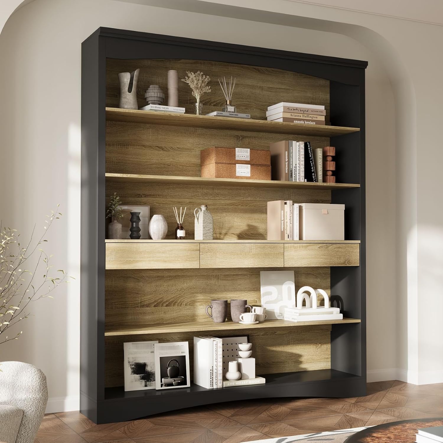 Timechee 78.7" Tall 5 Tier Book Shelf, Black Wide Standing Open Bookcase with Storage Drawers, Modern Display Shelves for Collectibles, Large Storage Book Shelves for Bedroom, Living Room, Home Office