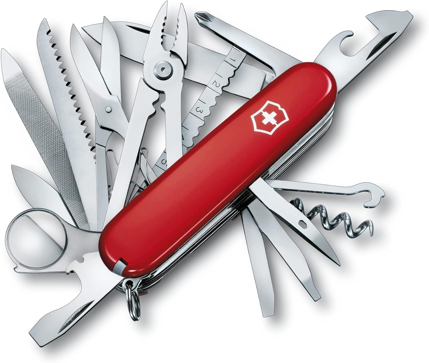 Victorinox Swiss Champ Couteau de Poche Suisse, Léger, Multitool, 33 Fonctions, Lame, Ciseaux, Tire Bouchon, Rouge & Aiguisoir Double pour Couteaux, Swiss Made, Portable, Noir/Rouge