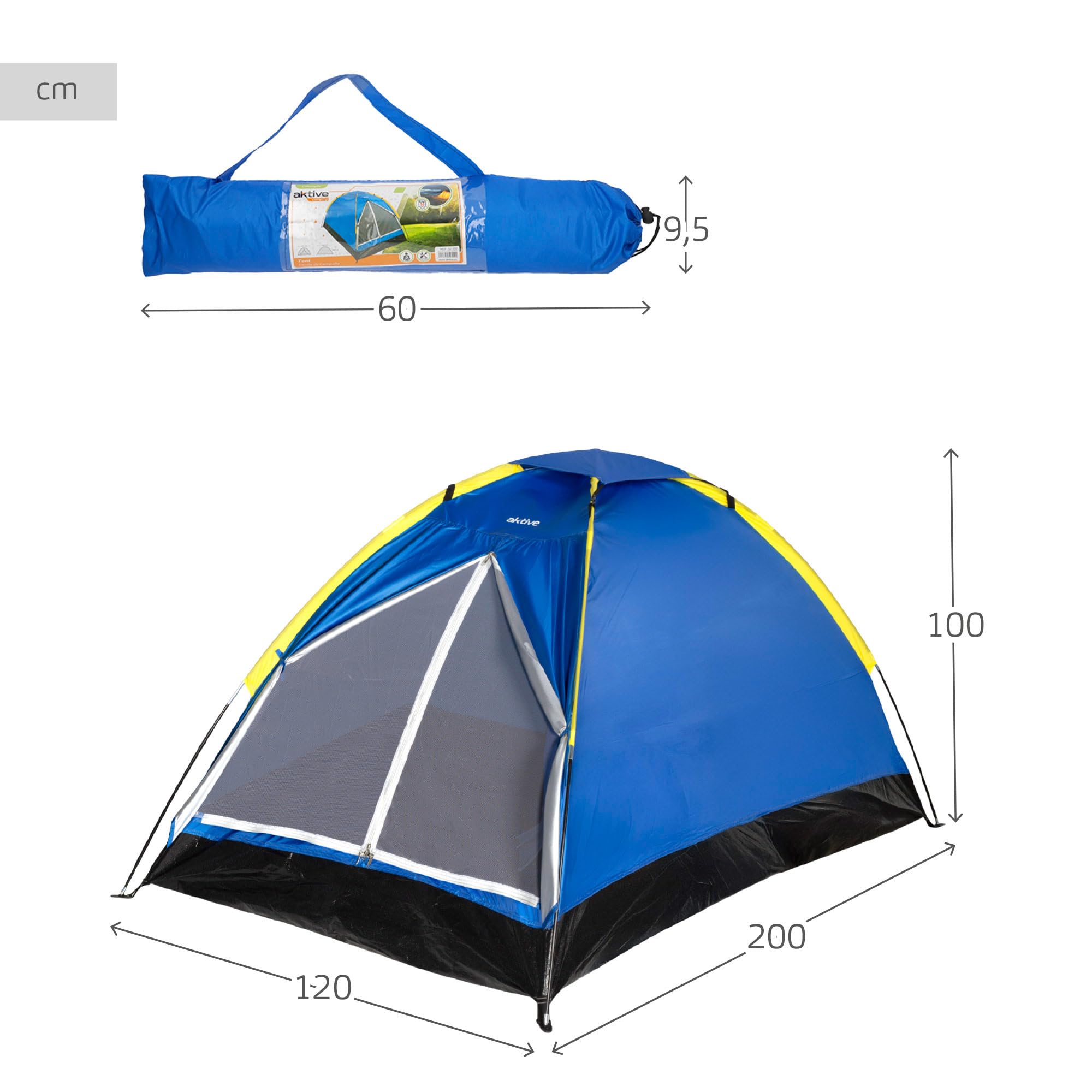 AKTIVE Tenda da campeggio per 2 persone 200x120x100 cm blu, leggera e facile da montare, design igloo con struttura robusta, ventilazione posteriore e borsa per il trasporto (52550)