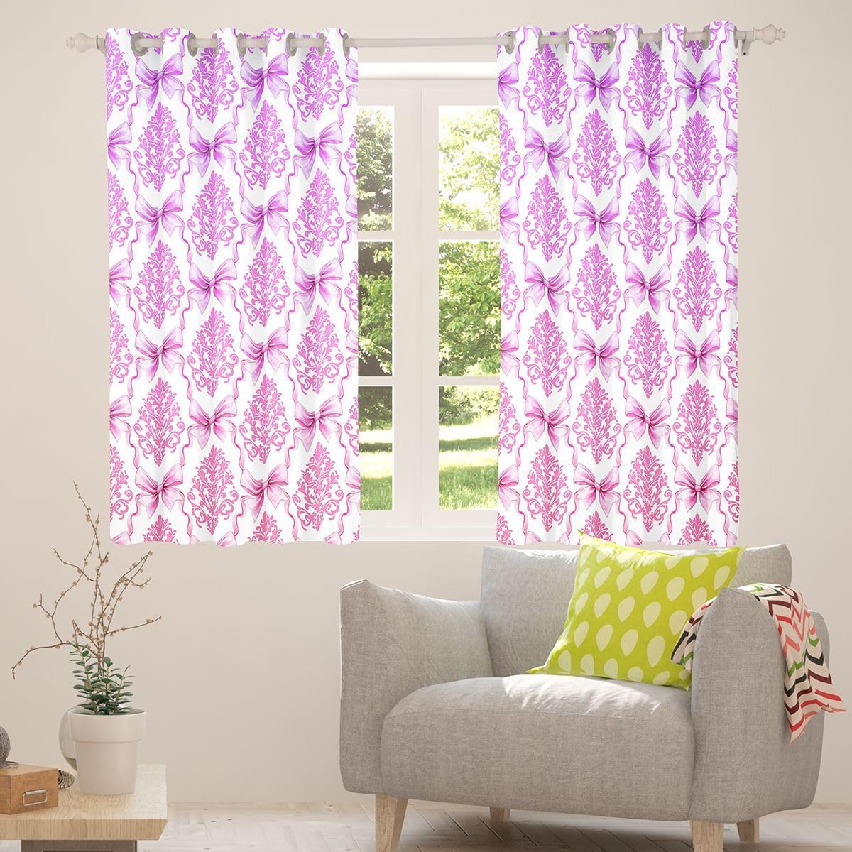 Girly Bowknot Blackout Window Curtains,Vintage Lace Damask Home Decor Curtains,Gradient Bow Purple Pink Durable Blackout Window Curtains for Kids Gifts,2 Panels, 38Wx54L inch