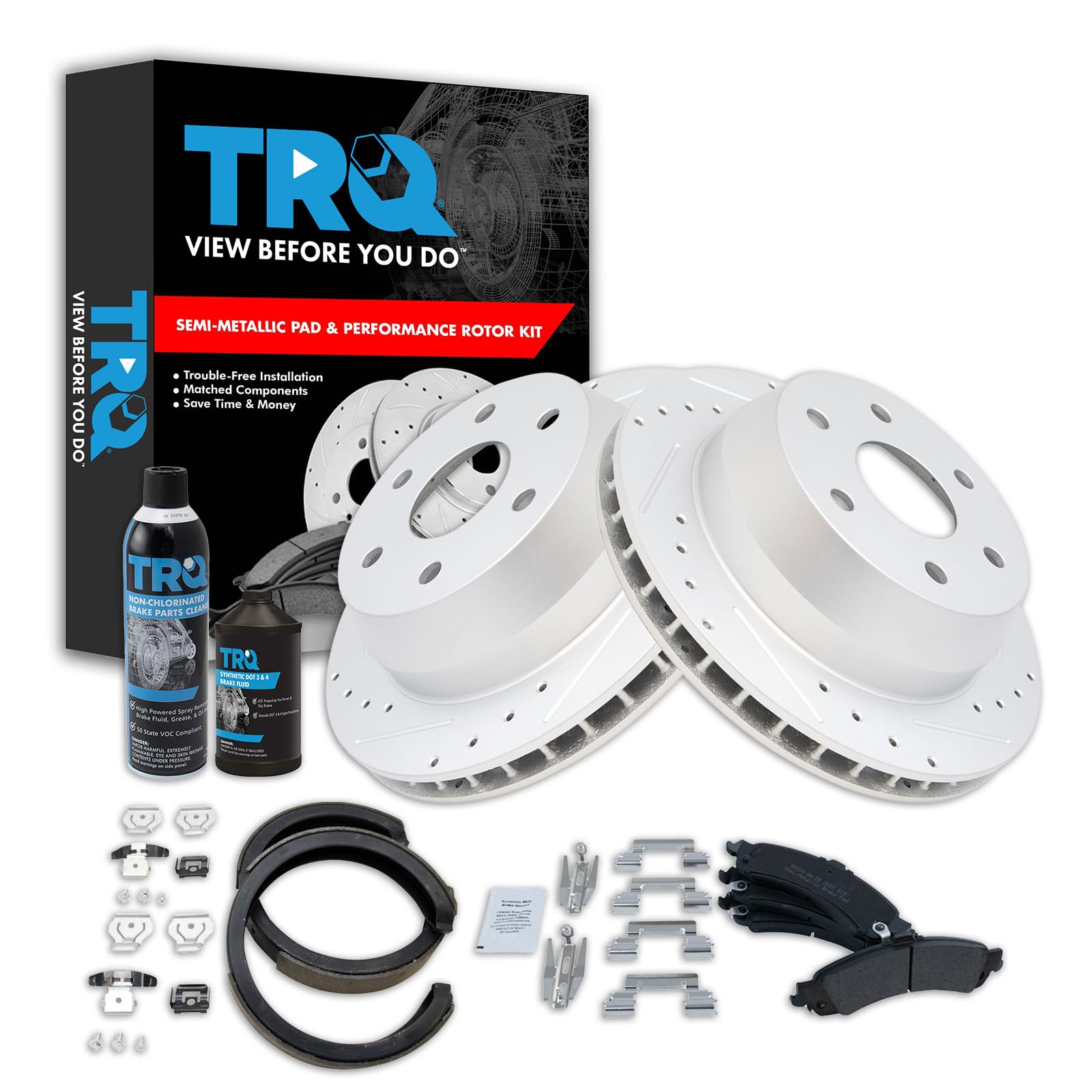 TRQ Rear Brake Pad &amp; Rotor Kit Premium G-Coated Performance Semi-Metallic Rear Compatible with 02-06 Avalanche 1500 Escalade 03-06, ESV, EXT Sierra 1500 Silverado 1500