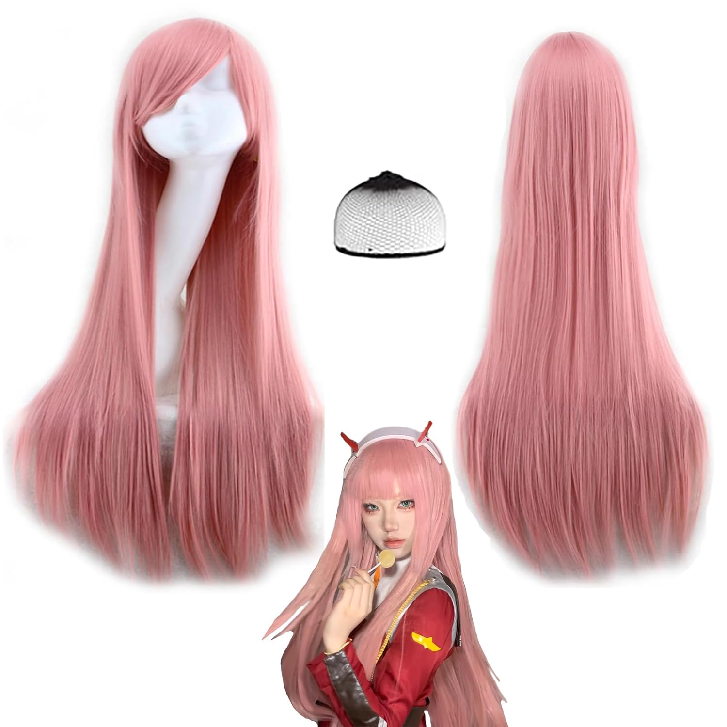 Wig Cap 32inch Long Pink Wig with Bangs Straight Kuwait Ubuy