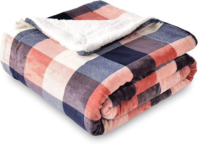 SOCHOW Sherpa Plaid Fleece Throw Blanket, Double-Sided Super Soft Luxurious Bedding Blanket 150cm×200cm, Coral pink