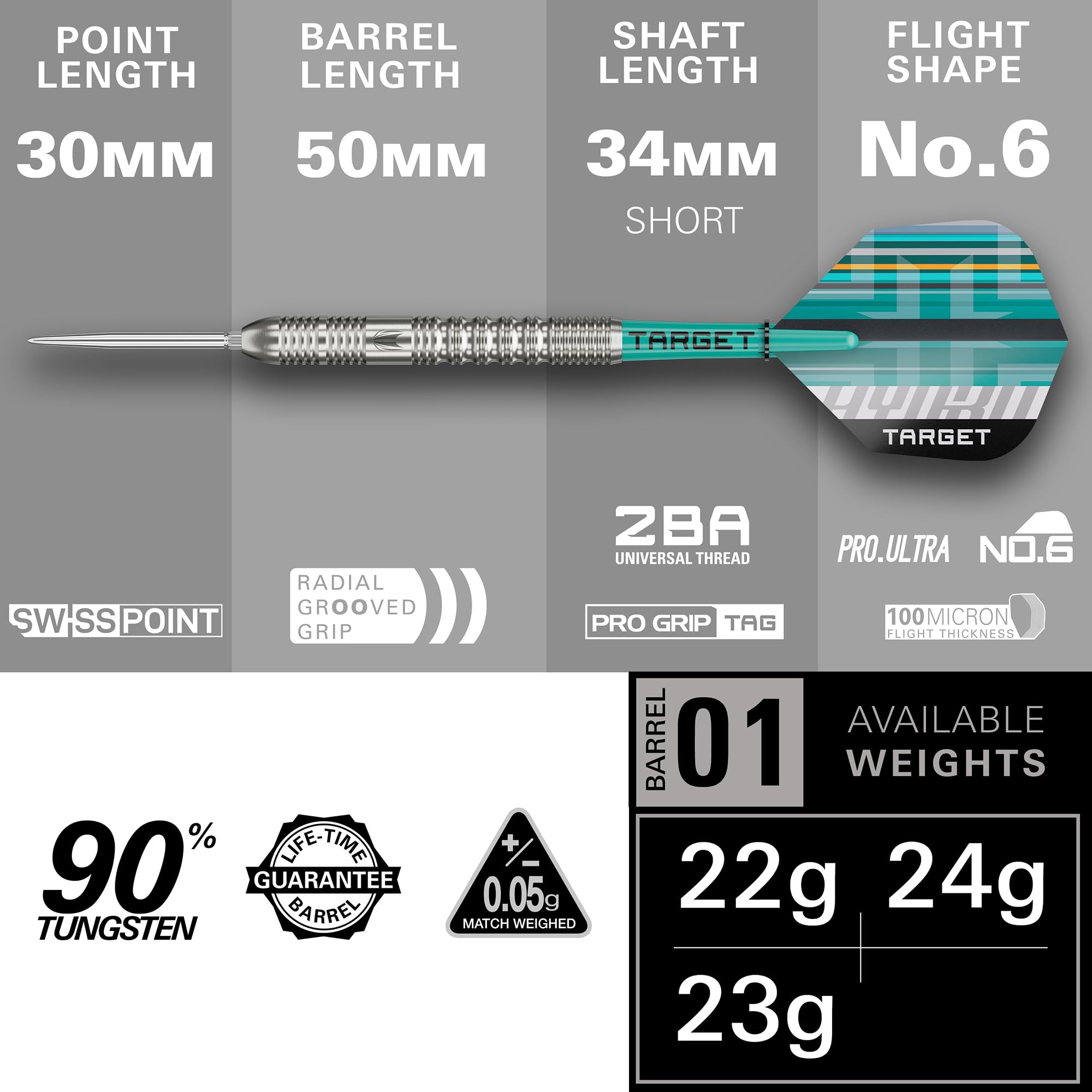 Target Darts Hydro Jeu de Fléchettes à Pointe en Acier 21G-26G 90% Tungstène Swiss Point Argentées