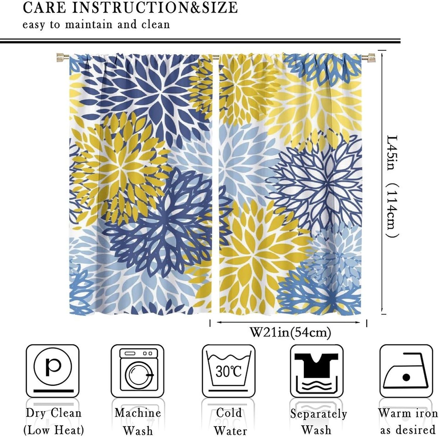 Blue Yellow Floral Curtains, Boho Dahlia Chrisanthemum Flowers Bright Window Treatments for Living Room Bedroom Kitchen, Floral Seamless Pattern Blackout Drapes 2 Panel Sets,42x45 Inch