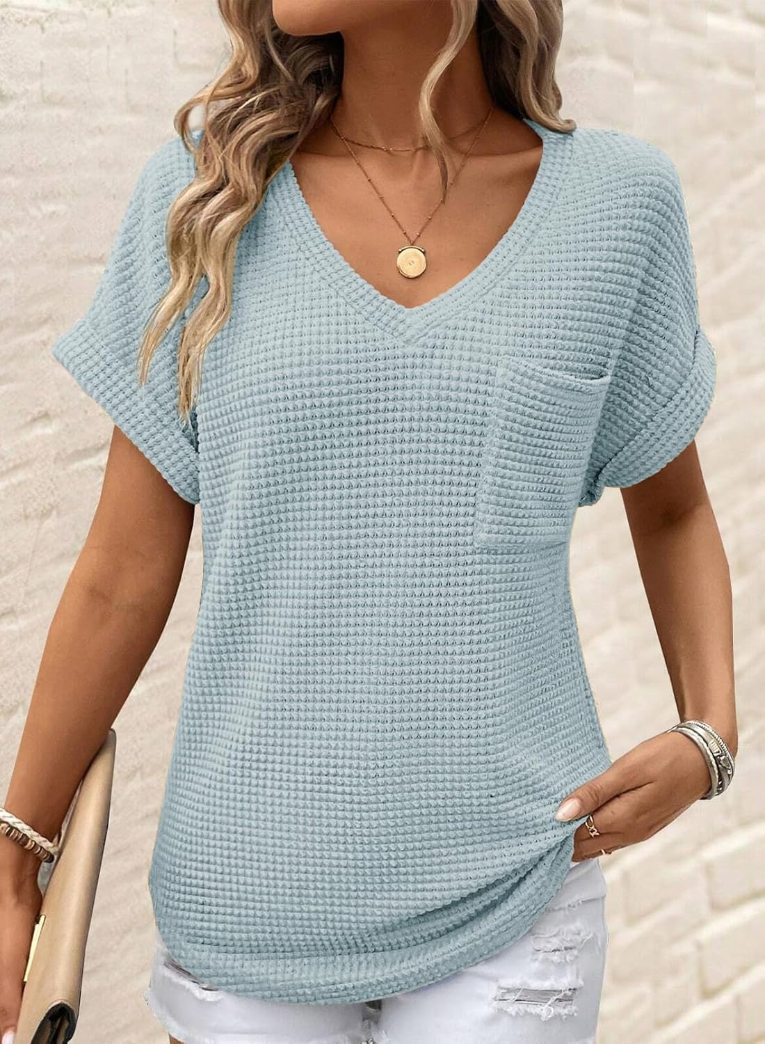 Dokotoo Womens Waffle Knit Tops 2026 Spring Summer V Neck Shirts Casual Trendy Women's Blouses Basic Tee - Image 2