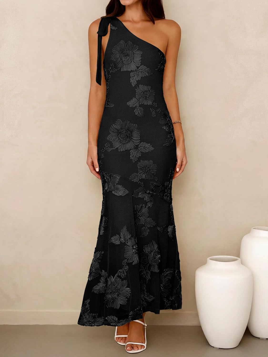 Caracilia Womens Floral One Shoulder Formal Dress Summer Elegant Bodycon Mesh Wedding Guest Cocktail Party Long Maxi Dresses