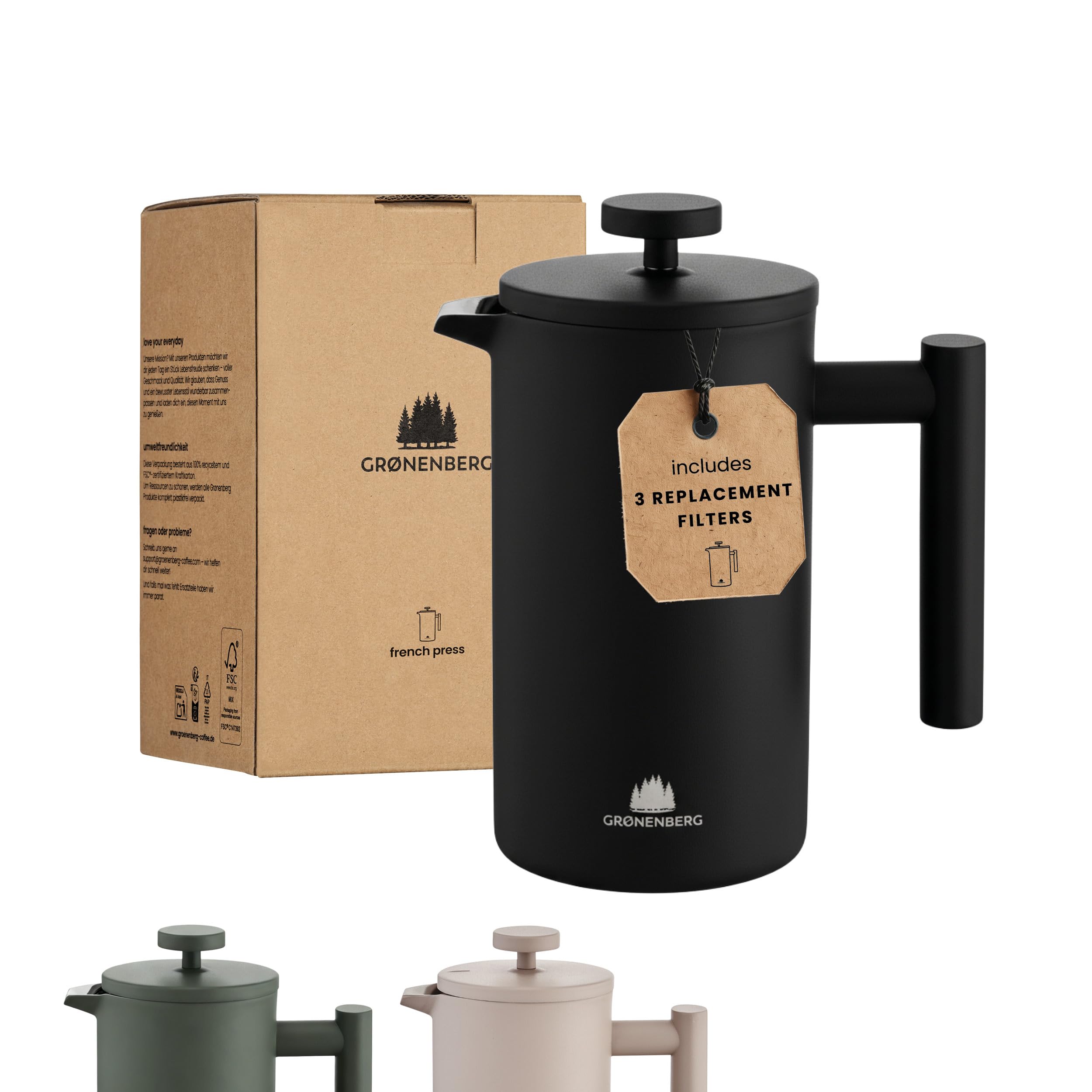 Groenenberg French Press Black 600 ml or 1 litre I Insulated cafetiere I Stainless steel I coffee press I French Press coffee maker