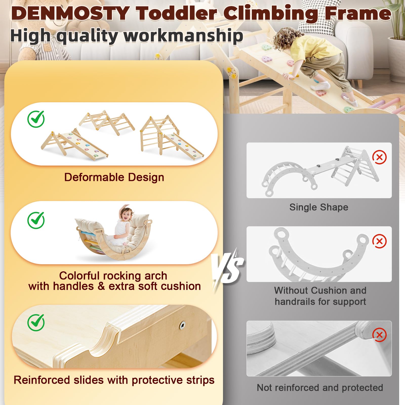 7-in-1 Montessori Klettergerüst Indoor ab 1 Jahr - Kletterdreieck mit Rutsche, Kletterbogen mit Kissen, Pikler Dreieck Baby Klettern Indoor Spielplatz Holz für Kinder und Kleinkinder
