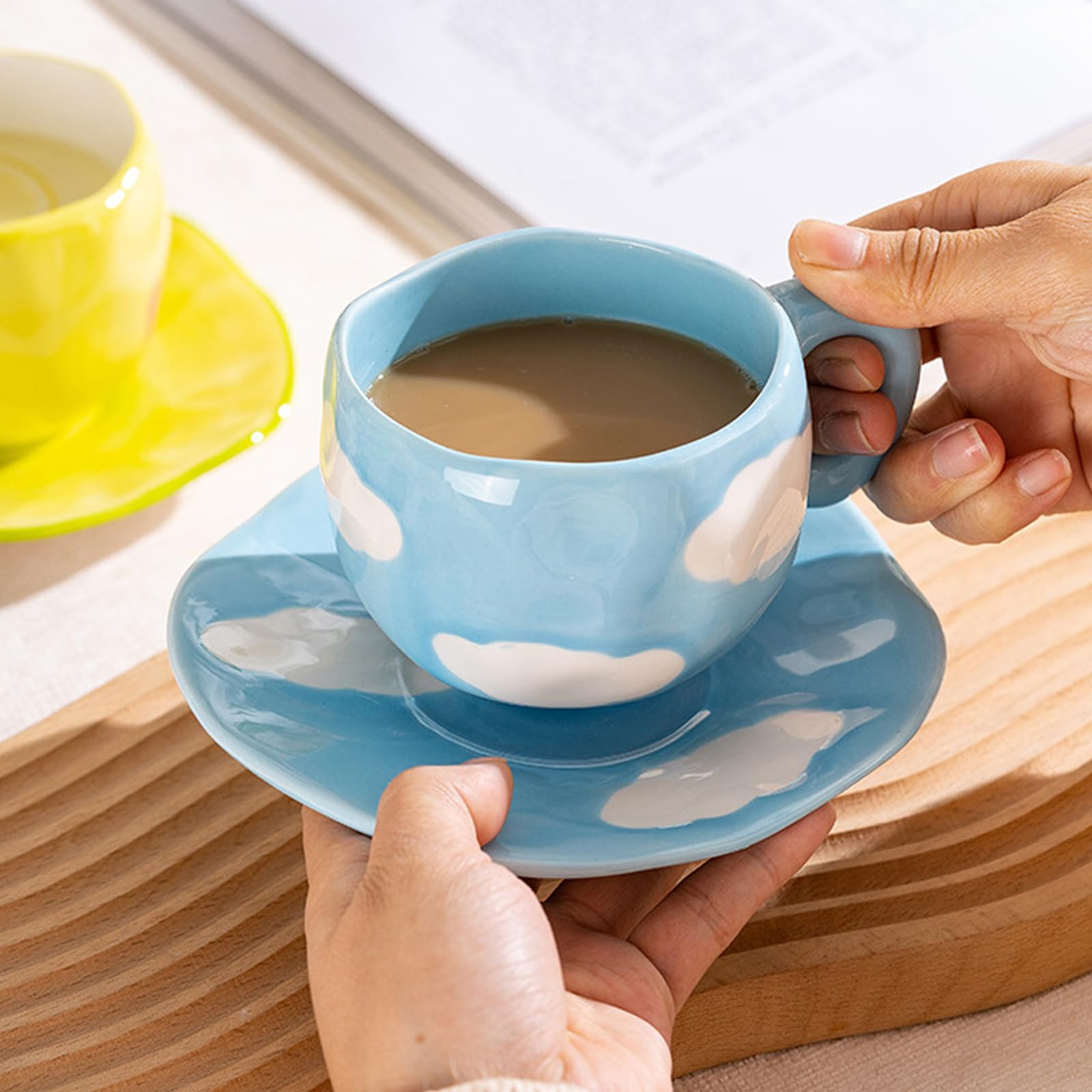 Set 4 Tazze Da Caffè In Ceramica Con Manico In Legno – Stile Giapponese Sfumato – 75 Ml – Colore Blu/Black - 3