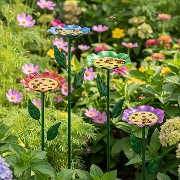dreamysoul 4 Pack Bee Watering Station, Colorful Metal Bee Bath with Flower Design for Garden Yard