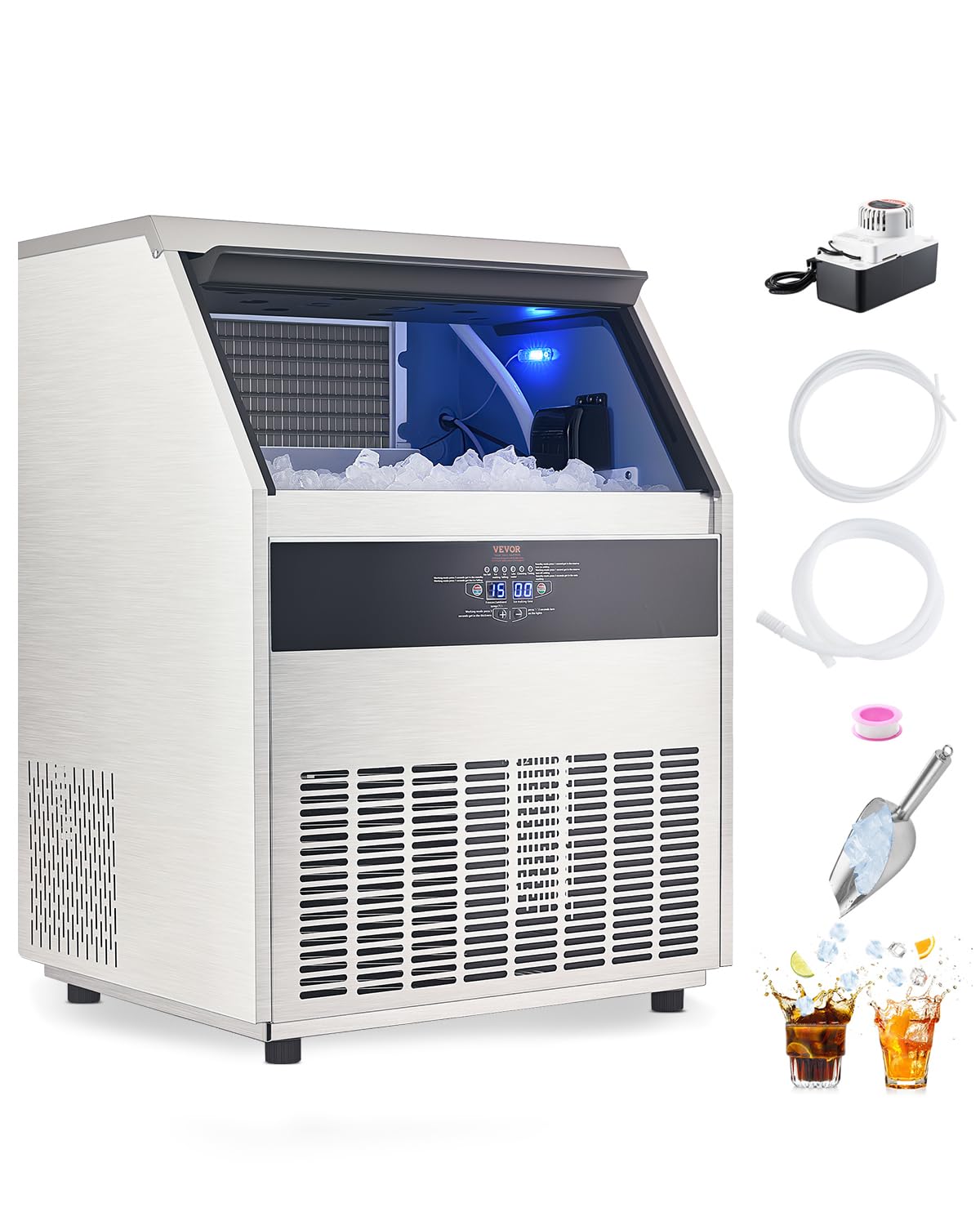 VEVOR 265lbs/24H Commercial Ice Maker Machine with Drain Pump, 88lbs Storage Capacity Ice Maker, 126 Ice Cubes in 15 Minutes, LED Digital Display Freestanding Self-Cleaning for Bar Office Restaurant