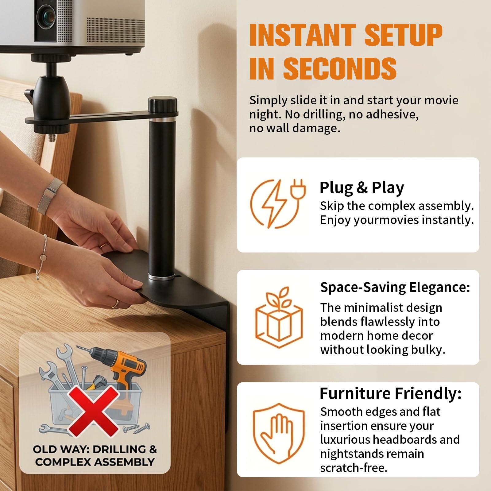 Beamer Ständer für Bett & Sofa, Projektorhalterung ohne Bohren – Verbesserte Stabilität Beamer Halterung Wand/Nachttisch, Stabil Stahl Beamer Wandhalterung für Schlafzimmer & Wohnzimmer (Höhe 10cm)