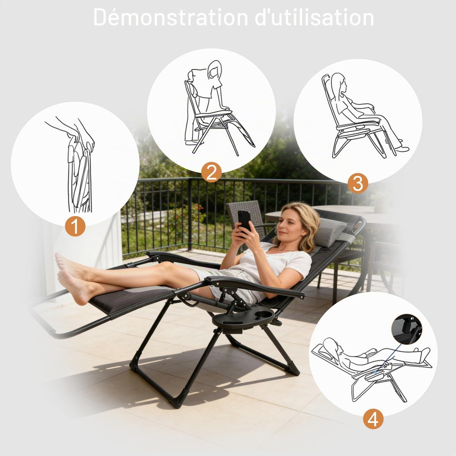 Chaise Longue Pliable avec Dossier Réglable, Coussin Appui-tête et Porte-Gobelet, Transat Jardin Exterieur Pliable Capacité de Charge 150 kg, Chaise Longue Camping avec Coussin (Gris)