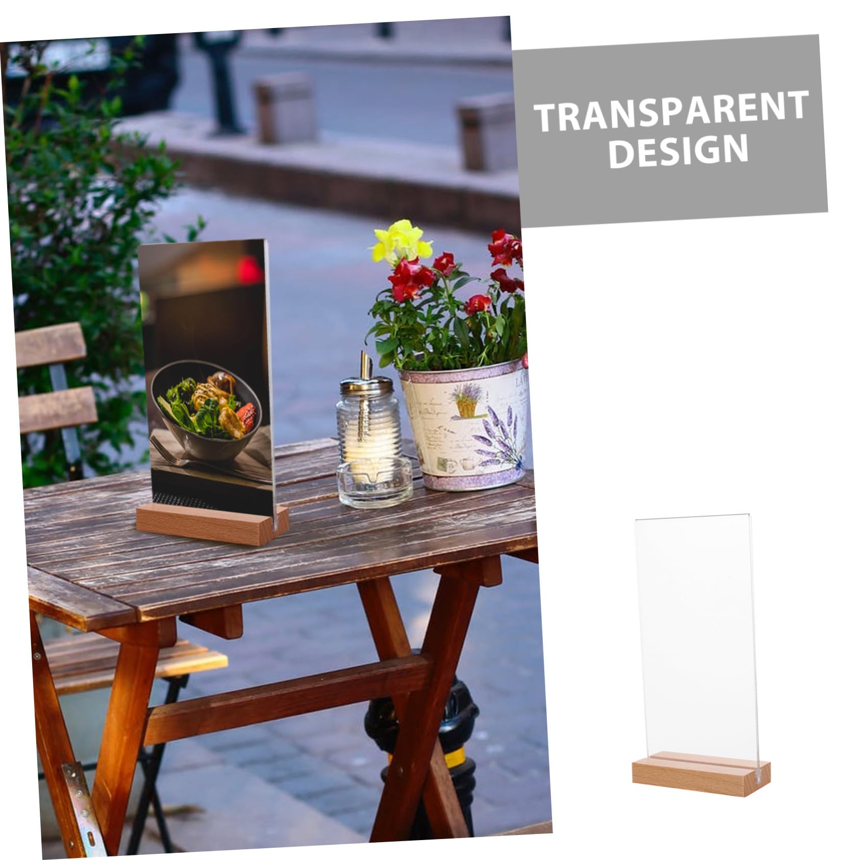 Toyvian Porta Menu in Acrilico a T Base in Legno, 5 Pezzi, Verticale | Ufficio e Numeri Tavolo, Profilo Leggero e Compatto, Stile Moderno, Essenziale, Elegante, da Esposizione