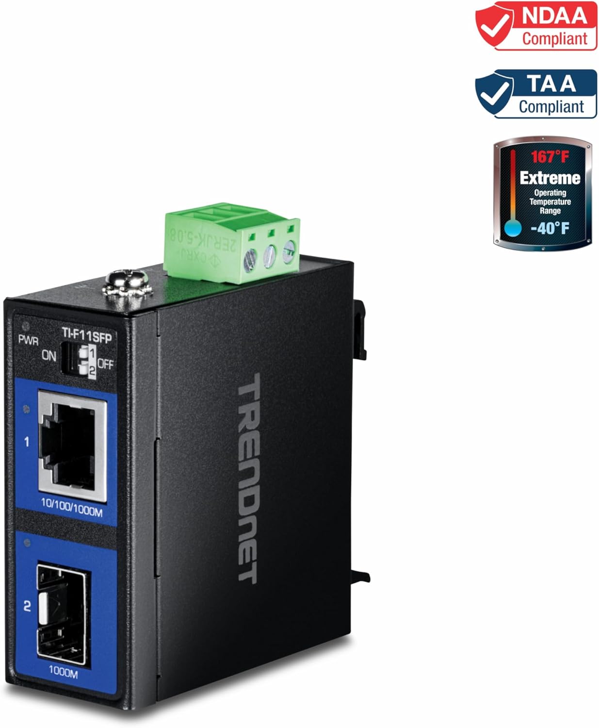 TRENDnet Hardened Industrial 100/1000 Base-T to SFP Media Converter, DIN-Rail and Wall Mount Hardware Included, Multi Or Single Mode Fiber, Power Supply Sold Separately, Black, TI-F11SFP