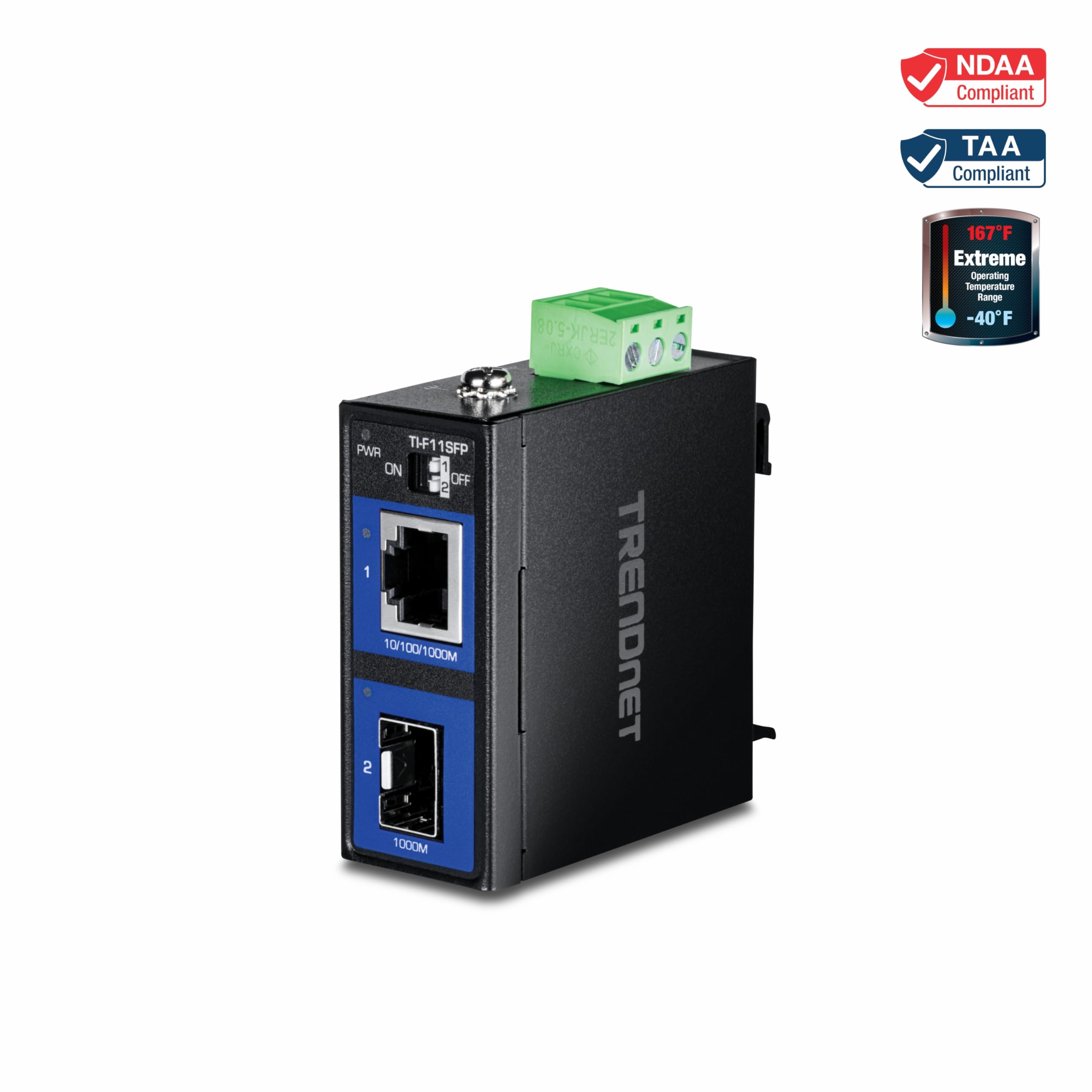 TRENDnet, TI-F11SFP, Convertisseur de média Industriel renforcé 100/1000 Base-T vers SFP, Montage Mural/sur Rail DIN, Fibre Multi ou monomode, Alimentation Vendue séparément