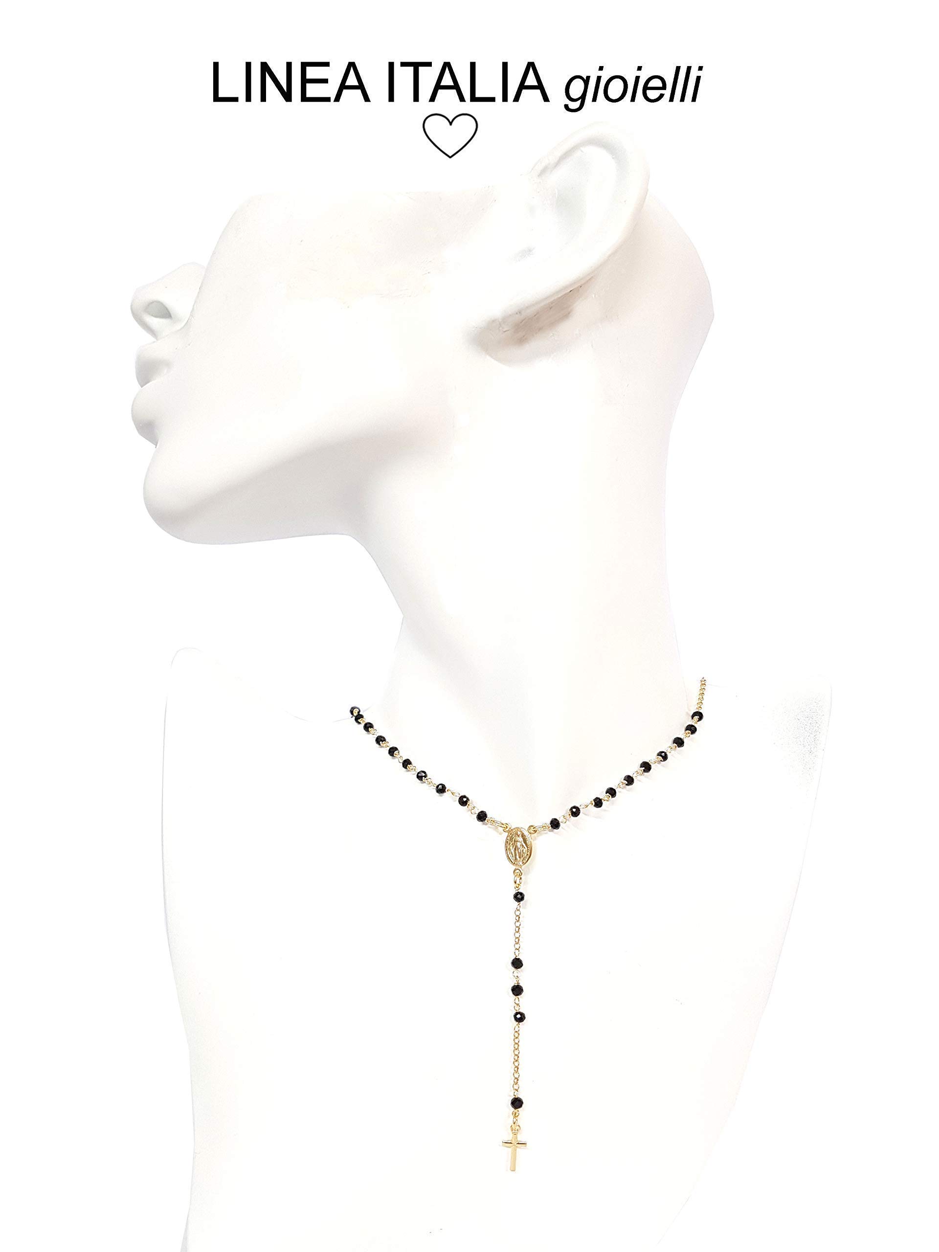 Linea Italia Gioielli - Collana Rosario a Y in Argento 925 Placcato oro con Perline Nere, Croce e Medaglietta Madonna - Made in Italy