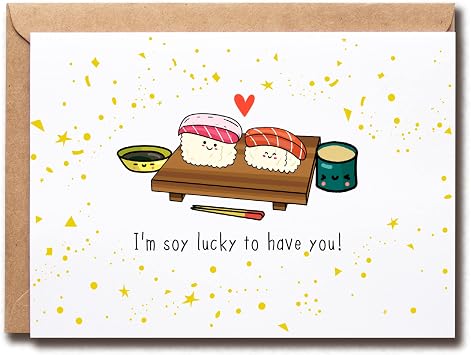 EirlysDesigns Cute Sushi Card - Im Soy Lucky To Have You - Kawaii Card Cards For Her - Cards For Him Funny Birthday Card For Boyfriend For Girlfriend Card, 5 x 7 inches