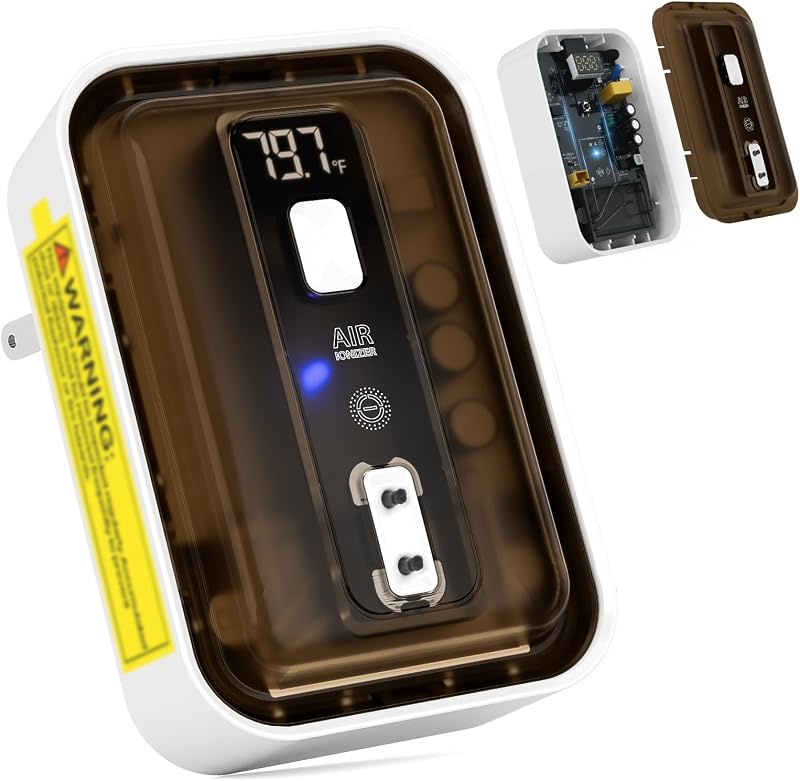 Ionizadores de aire enchufables y purificador de aire iónico: generador de iones negativos, eliminador de olores sin filtro sin ozono, desodorante para cajas de arena y mascotas, ambientador silencioso para dormitorio/cocina/baño con luz LED, marrón